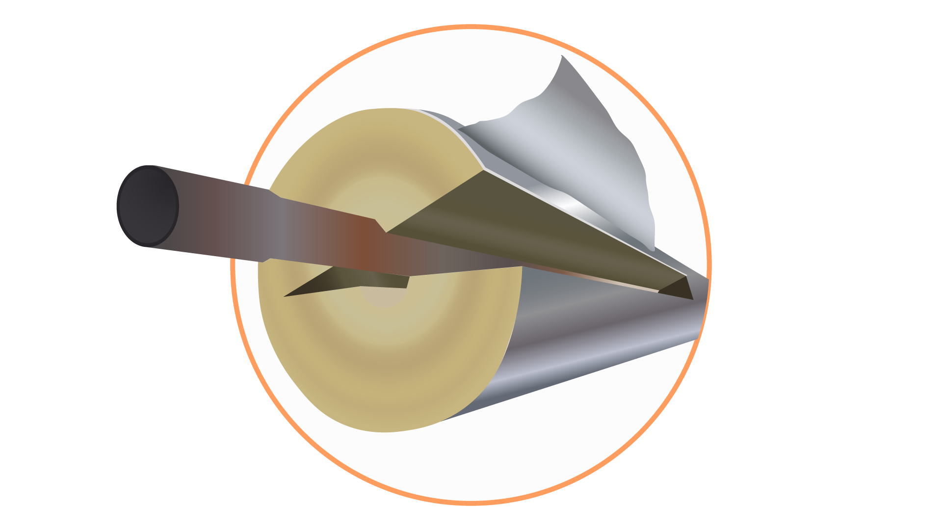 Grafika przedstawia błędnie wykonaną izolację ciepłochronną rurociągu - brak połączeń międzymateriałowych. Na grafice widać rurę przechodzącą przez środek izolacji. Warstwa wełny wokół rury jest przerwana wraz z folią okalającą całą izolację.