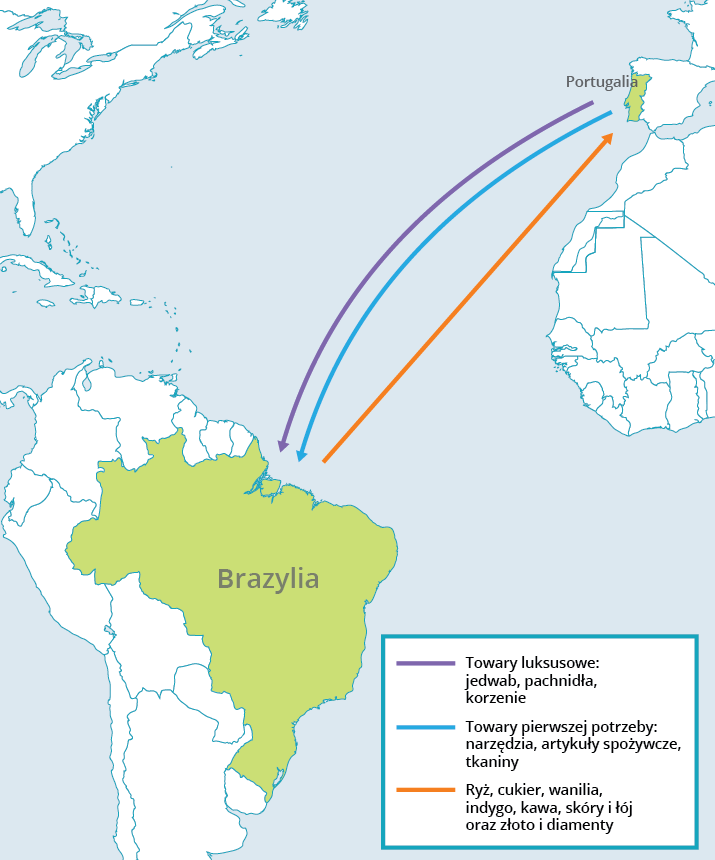 Ilustracja przedstawia oznaczone strzałkami podróże morskie między Brazylią a Portugalią. Strzałki mają trzy kolory: fioletowy, niebieski i pomarańczowy. Fioletowa i niebieska są skierowane w stronę Brazylii, oznaczają towary luksusowe: jedwab, pachnidła, korzenie oraz towary pierwszej potrzeby: narzędzia, artykuły spożywcze, tkaniny. Strzałka pomarańczowa jest skierowana w stronę Portugalii i oznacza ryż, cukier, wanilię, indygo, kawę, skóry i łój oraz złoto i diamenty.