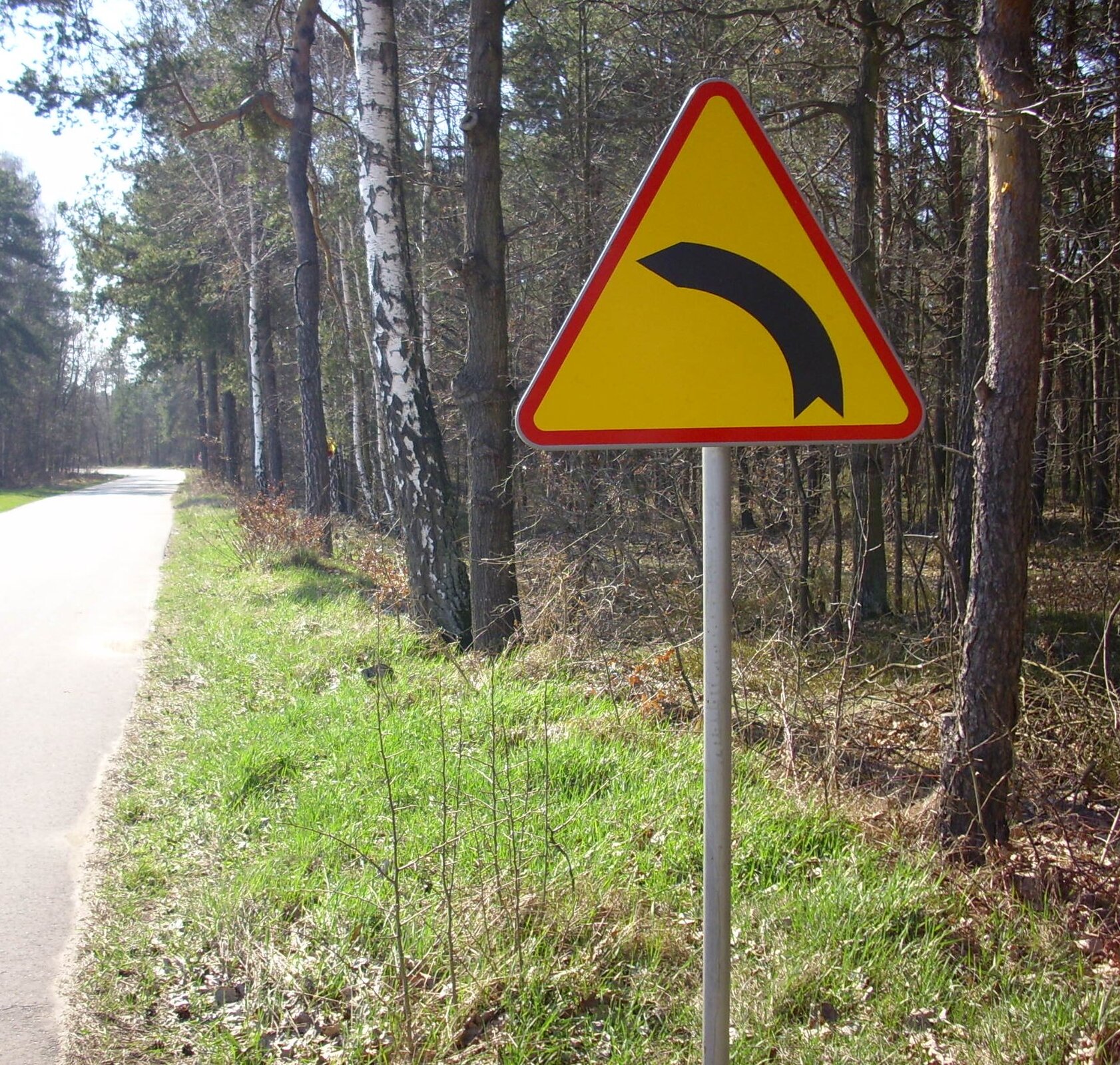 Zdjęcie przedstawia znak drogowy stojący przy drodze w lesie. Jest to żółty trójkąt z czerwoną obwódką i czarną strzałką skierowaną w lewo. Droga zakręca w lewą stronę. Znak ostrzega: uwaga, zakręt w lewo. 