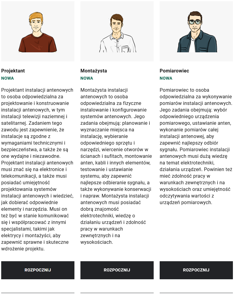 Okno wyboru roli w grze. Do wyboru są trzy role. Na górze znajdują się miniaturki przedstawiające postacie. Poniżej znajduje się opis każdej z ról oraz po panelu z napisem Rozpocznij.
