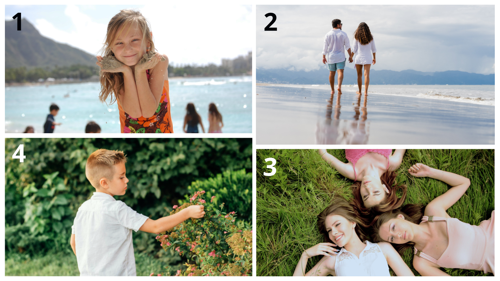 Ilustracja składa się z czterech ponumerowanych zdjęć. Zdjęcie numer jeden przedstawia dziewczynkę nad morzem. Zdjęcie numer dwa przedstawia parę spacerującą po plaży. Zdjęcie numer 3 przedstawia trzy dziewczyny leżące na trawie. Zdjęcie numer cztery przedstawia chłopca.