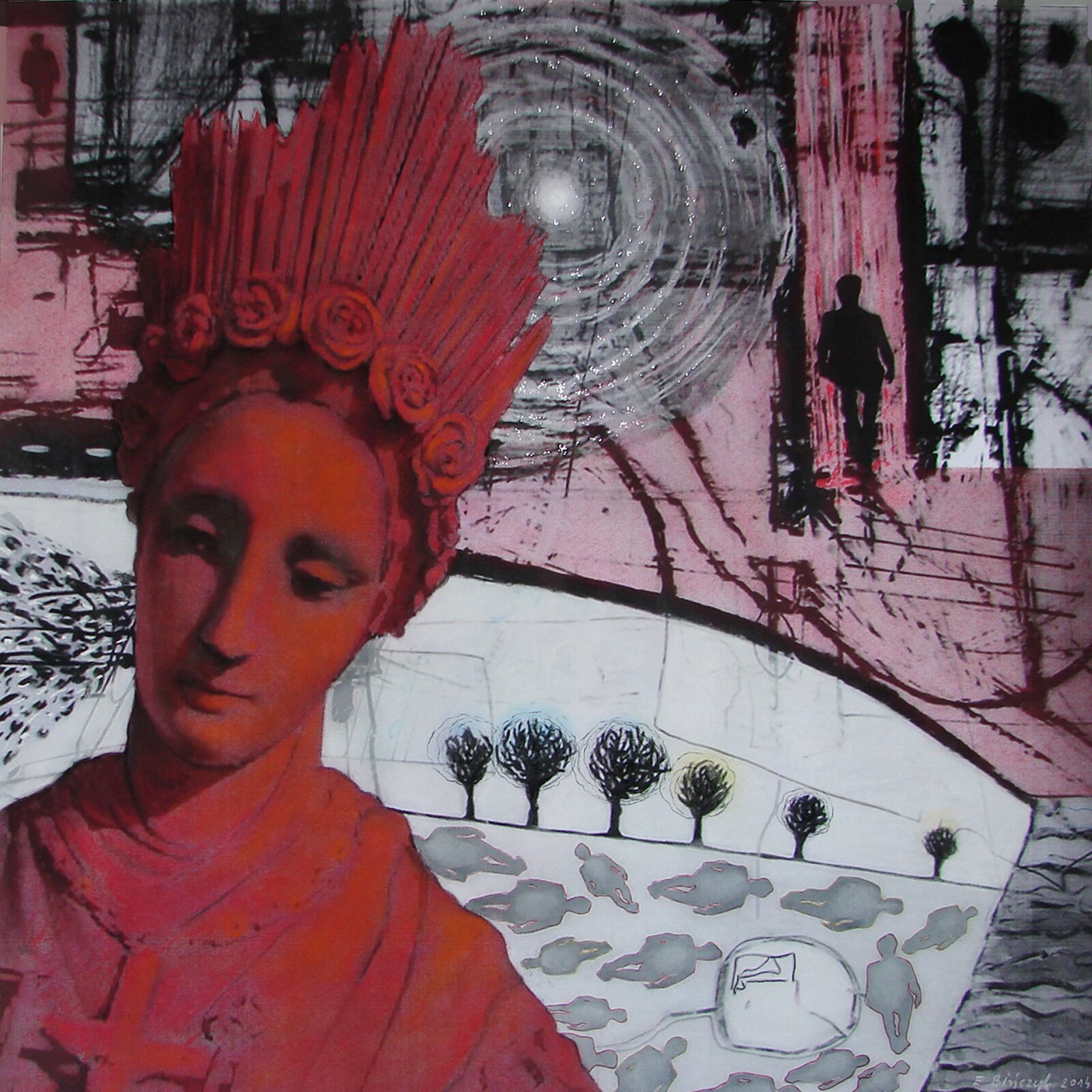 Ilustracja przedstawia obraz Ewy Bińczyk „Ikona” wykonany techniką mieszaną. Na pierwszym planie znajduje się kobieta z koroną na głowie dekorowaną kwiatami. Na szyi ma zawieszony krzyż. Postać jest czerwona. W tle rosną drzewa, a an ziemi znajdują się cienie postaci. Powyżej przedstawiony jest różowobiały widok na miasto z idącą postacią.