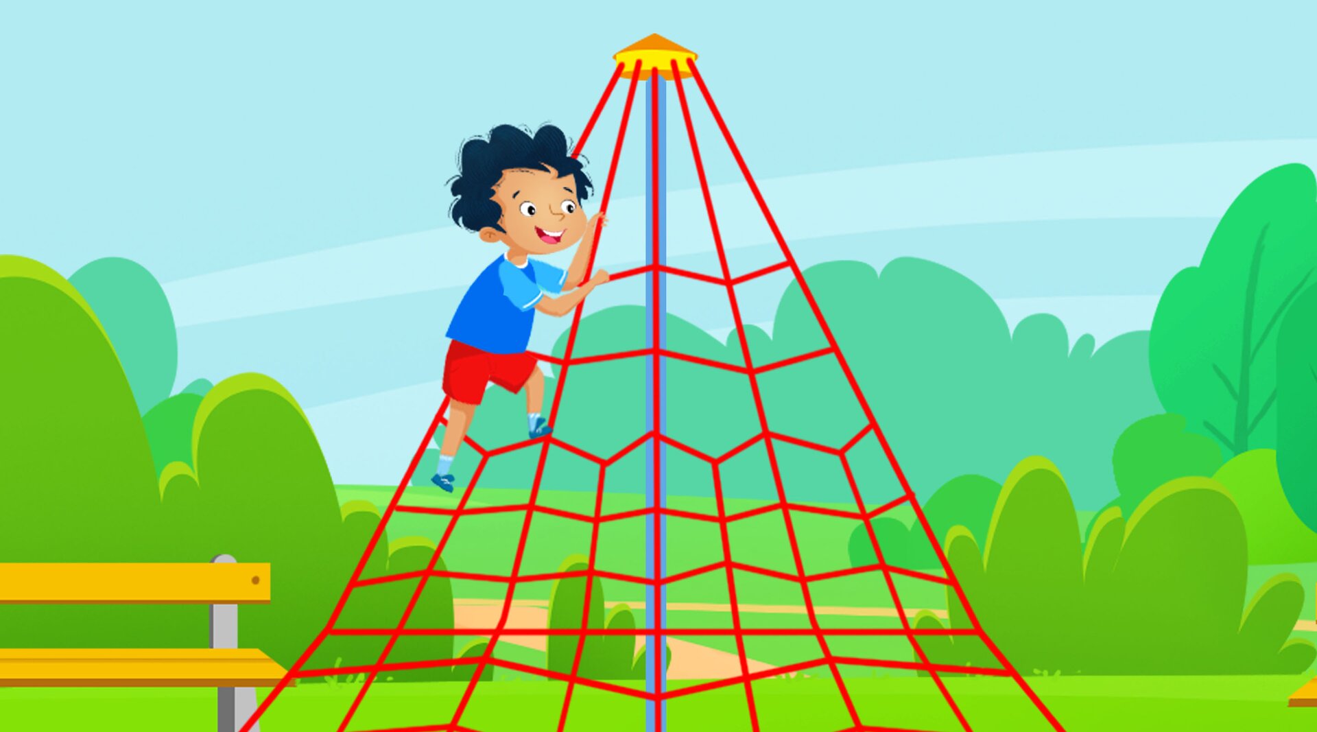 Na ilustracji znajduje się chłopiec wspinający się na linach na placu zabaw.