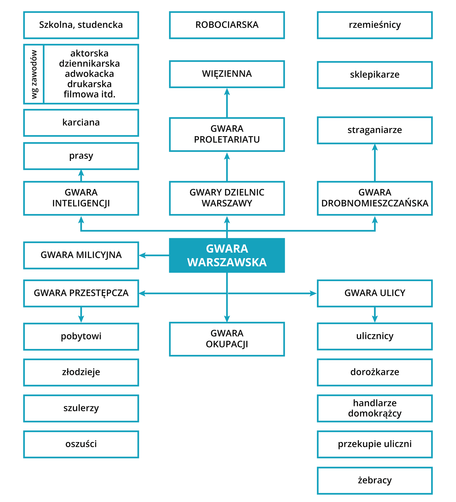 Graf przedstawia różne rodzaje gwary warszawskiej. Dzieli się ona na dziewięć odmian. Pierwszą z nich jest gwara inteligencji. Jej podtypami są: gwara prasy, gwara karciana oraz gwary związane z wykonywanymi zawodami, na przykład aktorska, dziennikarska, adwokacka, drukarska, filmowa i tak dalej. Drugim wariantem są gwary dzielnic Warszawy. Kolejną wersją jest gwara proletariatu. Czwarta grupa to gwara więzienna. Piątą kategorię stanowi gwara drobnomieszczańska, posługują się nią między innymi straganiarze i sklepikarze. Bardzo różnorodna jest gwara ulicy. Posługują się nią ulicznicy, dorożkarze, handlarze domokrążcy, przekupnie uliczni i żebracy. Siódmym rodzajem jest specyficzna gwara okupacji. Ósmą odmianę stanowi gwara przestępcza, która jest językiem oszustów, szulerów, złodziei i pobytowych. Dziewiątym typem jest gwara milicyjna.