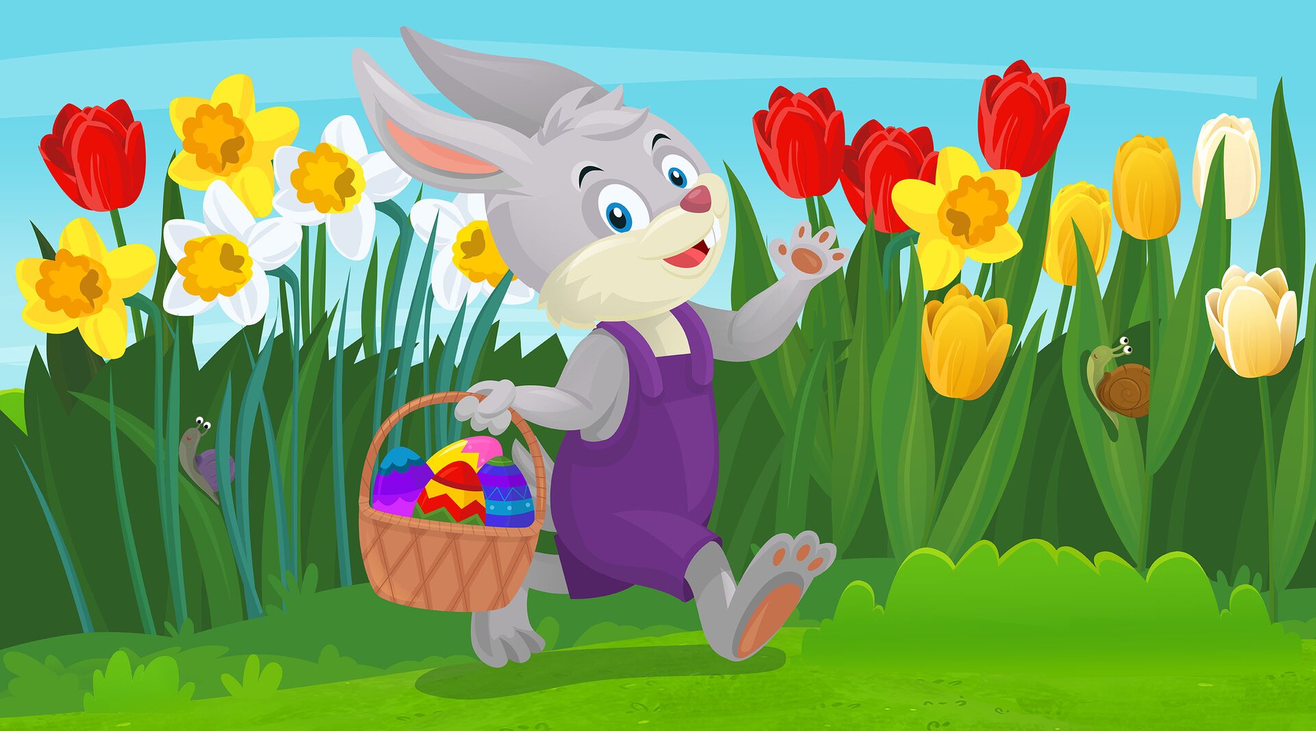 Na ilustracji znajduje się zajączek wielkanocny, który niesie koszyczek z pisankami.