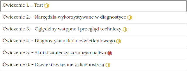 Przykładowy wygląd zakładek zawierających interaktywne materiały sprawdzające w formie listy.
