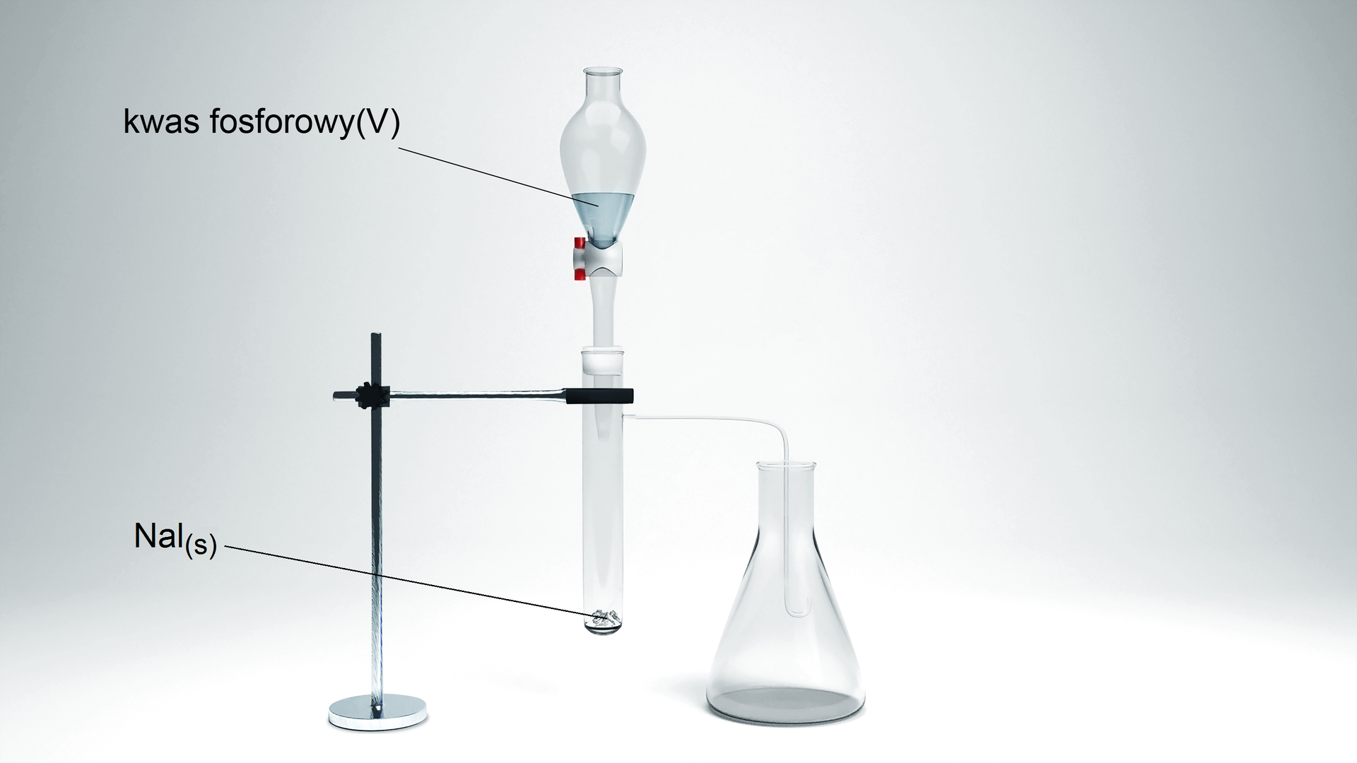 Ilustracja przedstawiająca schemat doświadczenia. W statywie umieszona dwudrożna probówka z korkiem, w którym zamontowano wkraplacz zawierający kwas fosforowy (V). W probówce znajduje się stały jodek sodu NaI. Od bocznej szyjki probówki poprowadzony wężyk do kolby stożkowej.