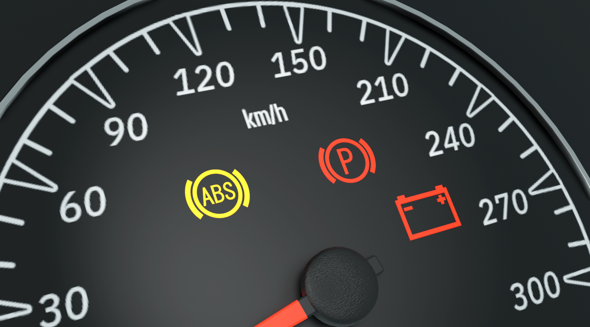 Ilustracja przedstawiająca zapaloną kontrolkę systemu ABS na desce rozdzielczej.