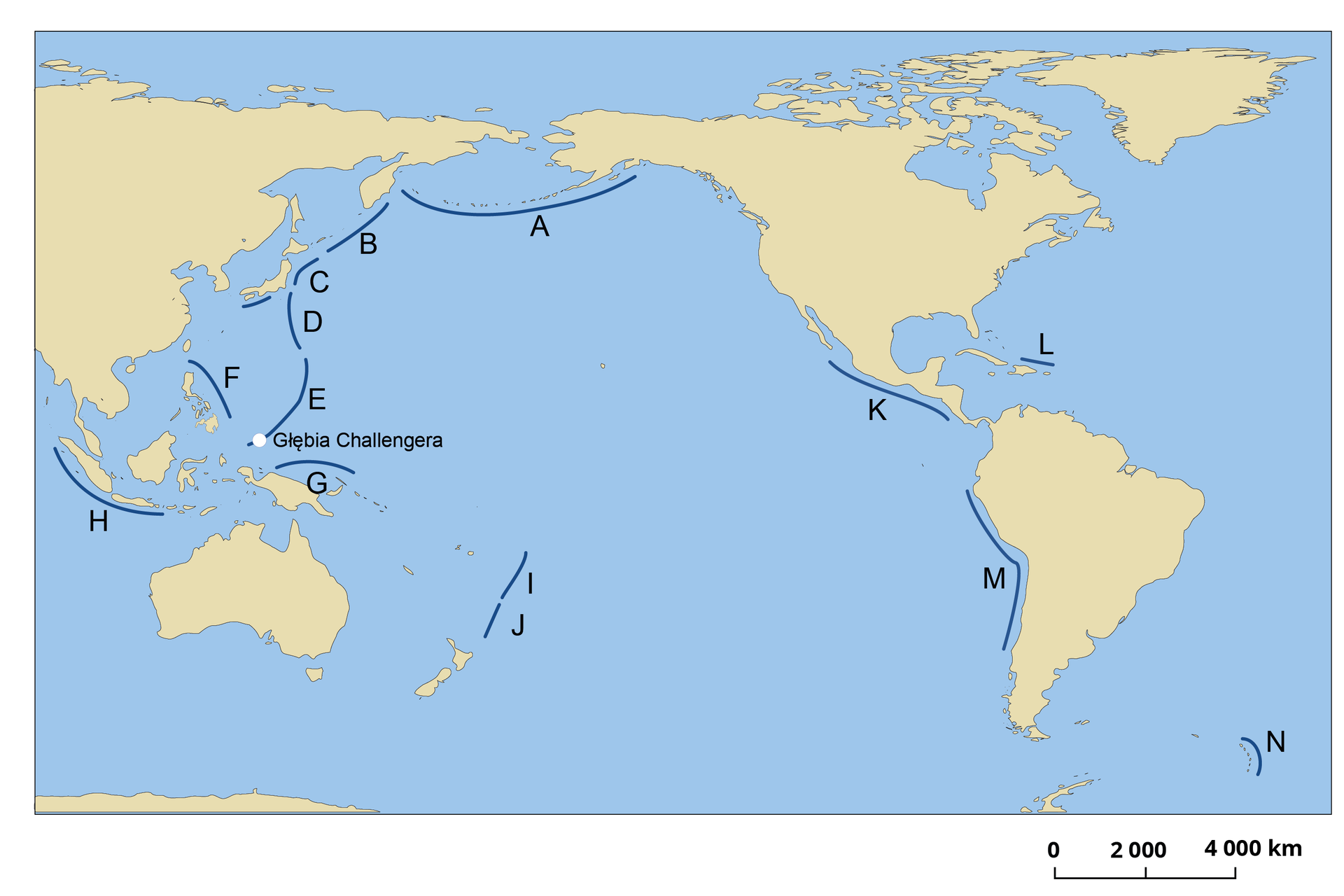 Mapa przedstawia rowy oceaniczne. A znajduje się pomiędzy Azją a Ameryką Północną. W linii od Półwyspu Kamczatka rozciąga się kolejno B, C, D, oraz E kończące się Głębią Challengera. F znajduje się na północ od Filipin. G znajduje się na północ od Papui Nowej Gwinei. H znajduje się na południe od Indonezji. I oraz J znajdują się na północ od Nowej Zelandii. K znajduje się na zachód od Ameryki Środkowej. L znajduje się na północ od Kuby. M znajduje się na zachód od Ameryki Południowej.