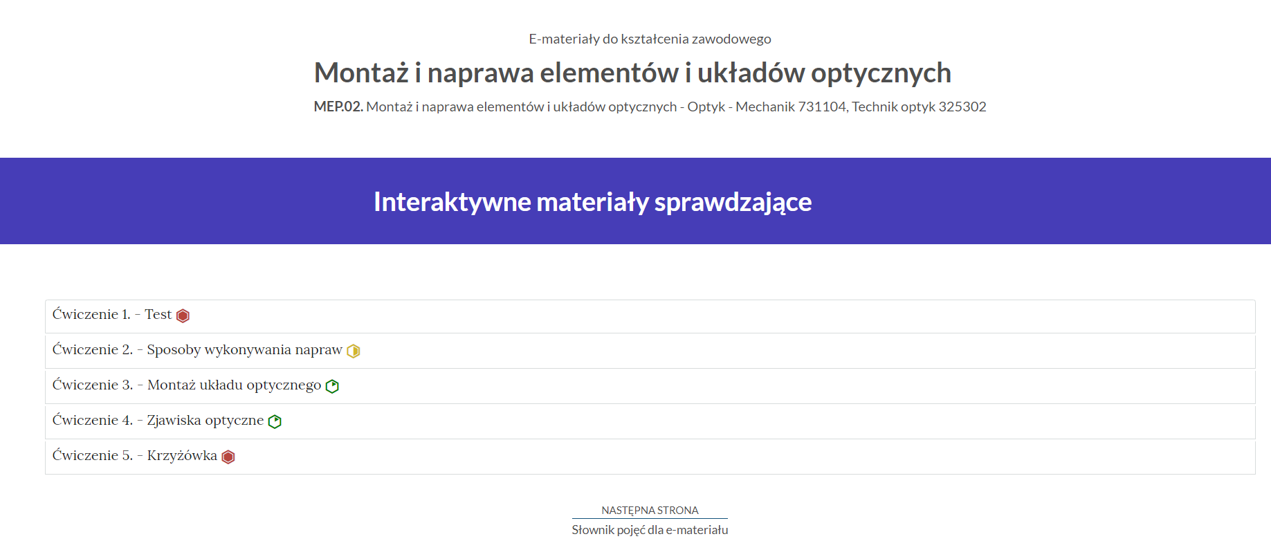 Przykładowe zakładki w interaktywnych materiałach sprawdzających
