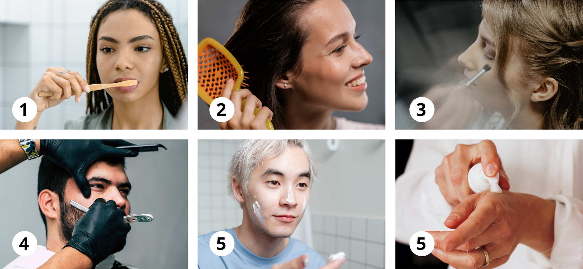 Ilustracja składa się z sześciu ponumerowanych zdjęć przedstawiających ludzi wykonujących codzienne czynności: Kobieta myje zęby.Kobieta czesze włosy szczotkąKobieta maluje oczyMężczyzna goli brodę.Mężczyzna smaruje twarz kremem.Mężczyzna smaruje ręce kremem.