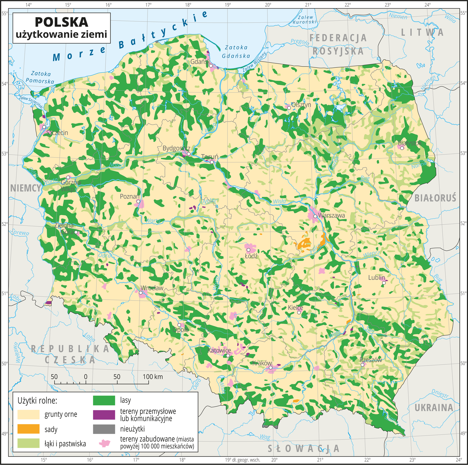 Ilustracja przedstawia mapę Polski. Na mapie za pomocą kolorów przedstawiono użytkowanie ziemi w Polsce. Oznaczono i opisano główne miasta. Granice województw oznaczono szarymi liniami. Opisano państwa sąsiadujące. Na mapie kolorem kremowym oznaczono grunty orne, zajmujące większą część Polski. Kolorem jasnozielonym oznaczono łąki i pastwiska. Występują one nierównomiernie na terenie całego kraju ale największe ich skupisko jest we wschodniej części Polski. Kolorem zielonym oznaczono występowanie lasów, które występują nierównomiernie na terenie całego kraju. Kolorem różowym oznaczono tereny zabudowane, które pokrywają się z położeniem miast. Kolorem pomarańczowym oznaczono sady, które skupione są w województwie mazowieckim. Dookoła mapy w białej ramce opisano współrzędne geograficzne co jeden stopień. W legendzie na dole mapy objaśniono kolory użyte na mapie.