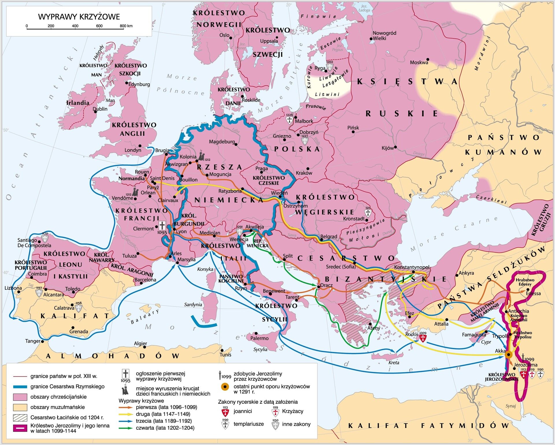 Grafika mapy przedstawiającej wyprawy krzyżowe.