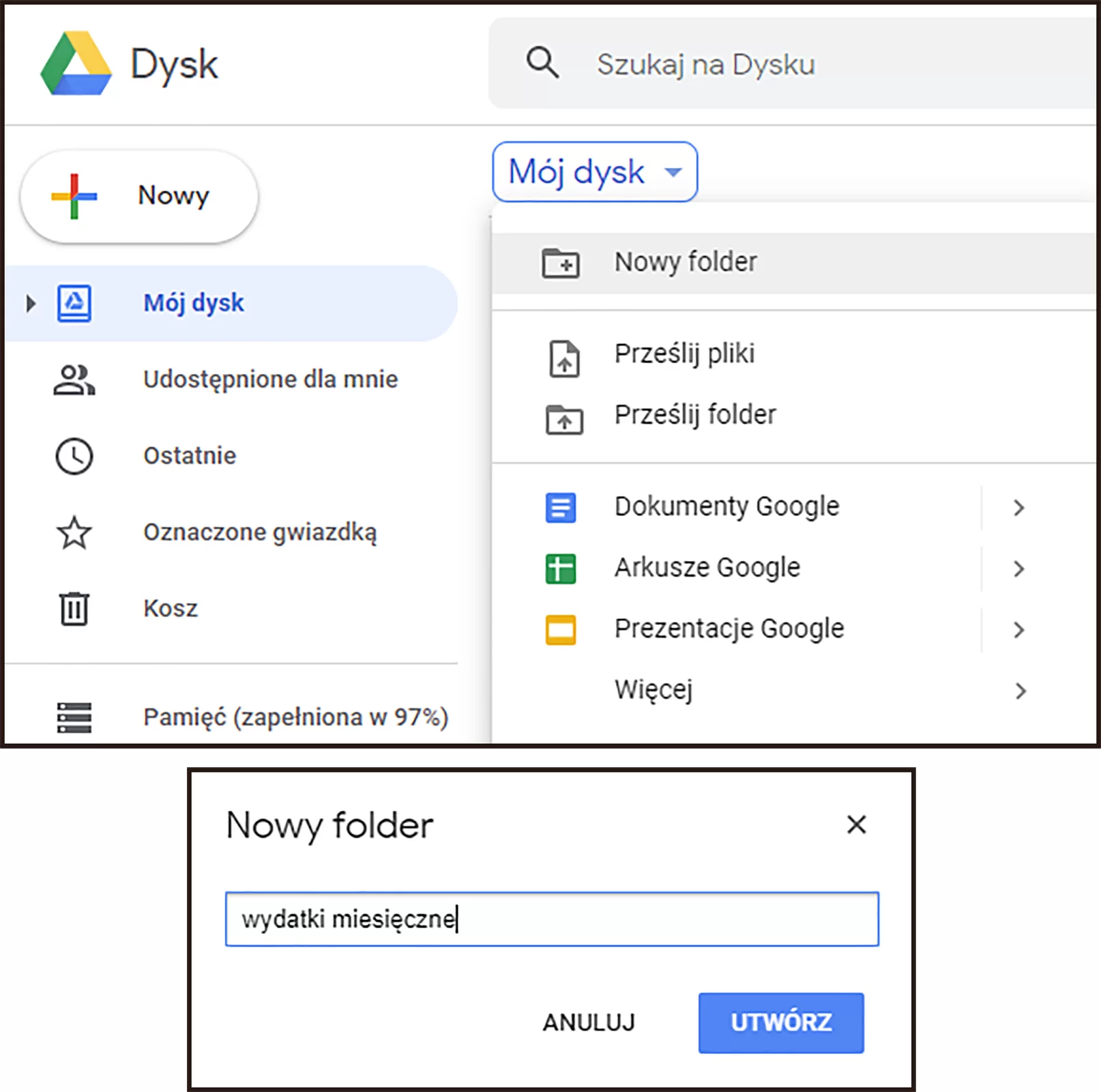 Ilustracja składająca się z dwóch części, przedstawiająca tworzenie nowego folderu w aplikacji Dysk Google. W pierwszej części po lewej znajduje się przycisk Nowy i menu z opcjami. Po prawej znajduje się menu dostępne po kliknięciu Nowy. Wybrano pierwszą pozycję Folder. W drugiej części znajduje się okno Nowy folder, gdzie w dostępne pole wpisano wydatki miesięczne. Na dole okna dwa przyciski: Anuluj i Utwórz.