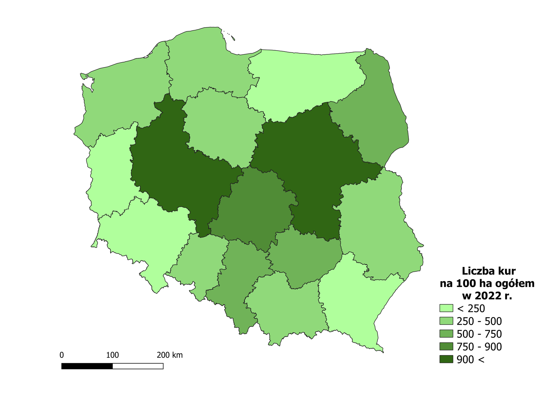 Mapa przedstawia liczbę sztuk kur na 100 ha ogółem w podziale na województwa. Największa liczba oznaczona kolorem bordowym w przedziale od 1408 do 2080 sztuk kur w województwie wielkopolskim, śląskim, mazowieckim i zachodniopomorskim. W przedziale 1083‑1408 sztuk oznaczonym kolorem czerwonym były województwa kujawsko‑pomorskie, łódzkie, świętokrzyskie i podlaskie. W następnym przedziale od 866 do 1083 oznaczonym kolorem pomarańczowym były województwa lubuskie, opolskie i podkarpackie. W przedziale 680 do 866 sztuk oznaczonym kolorem jasnopomarańczowym były województwa lubuskie, opolskie i podkarpackie. W przedziale od 455 do 680 oznaczonym kolorem jasnożółtym były województwa małopolskie, dolnośląskie i pomorskie.
