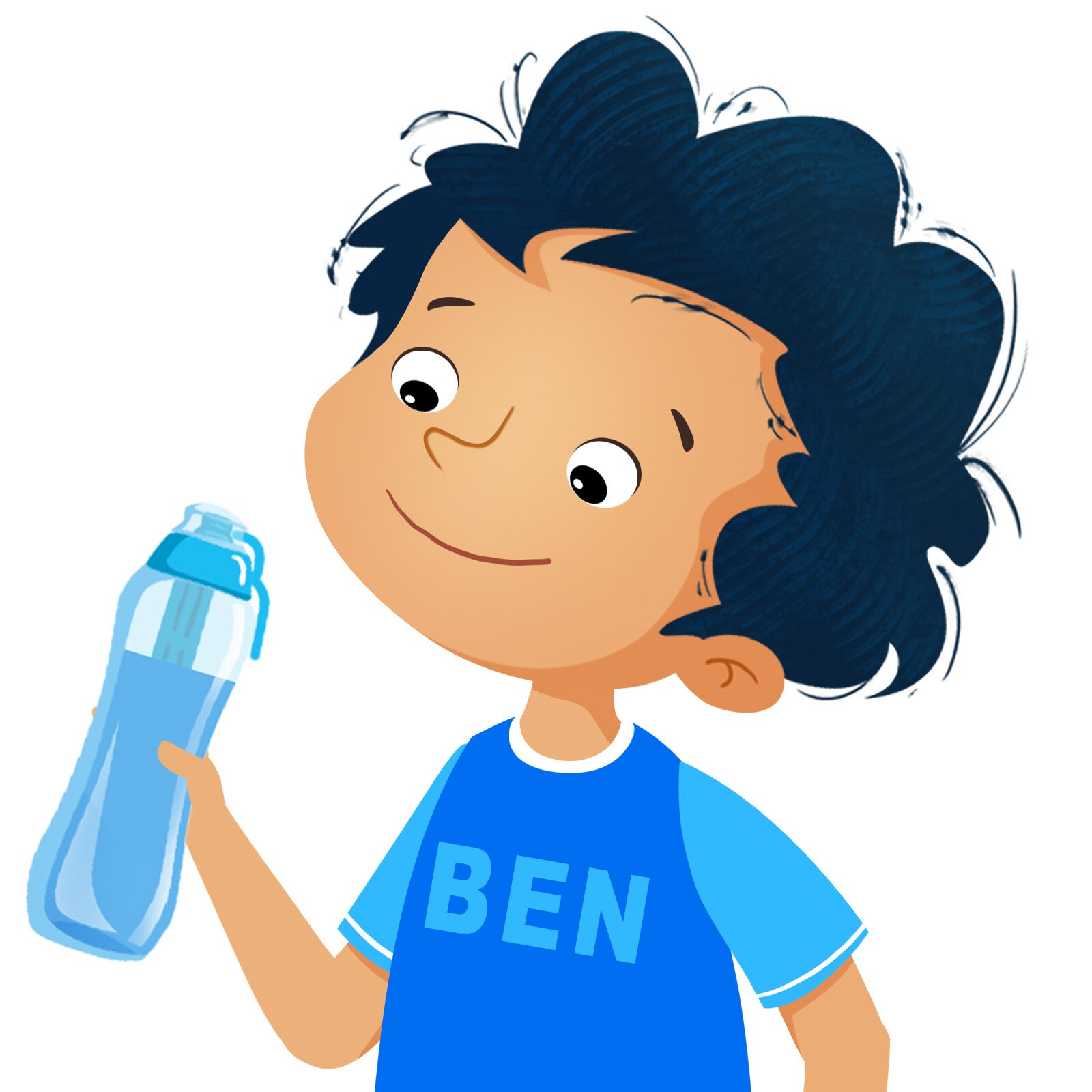 Na ilustracji znajduje się chłopiec trzymający butelkę z wodą.