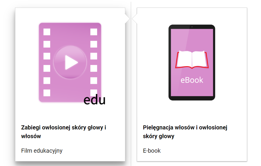 Grafika przedstawia fragment spisu treści, który ma formę prostokątnych ramek, znajdujących się po obu stronach prostej, pionowej linii. Pośrodku lewej ramki rysunek przedstawiający kliszę filmową, wewnątrz której jest symbol trójkąta w kole, czyli przycisku włączania lub wyłączania filmu. W dolnej części kliszy napis edu. Poniżej tytuł: Zabiegi owłosionej skóry głowy i włosów. Film edukacyjny. Pośrodku prawej ramki grafika przedstawiająca czytnik e‑booków ze schematyczną książką i napisem e‑book. Poniżej tytuł: Pielęgnacja włosów i owłosionej skóry głowy. E‑book.