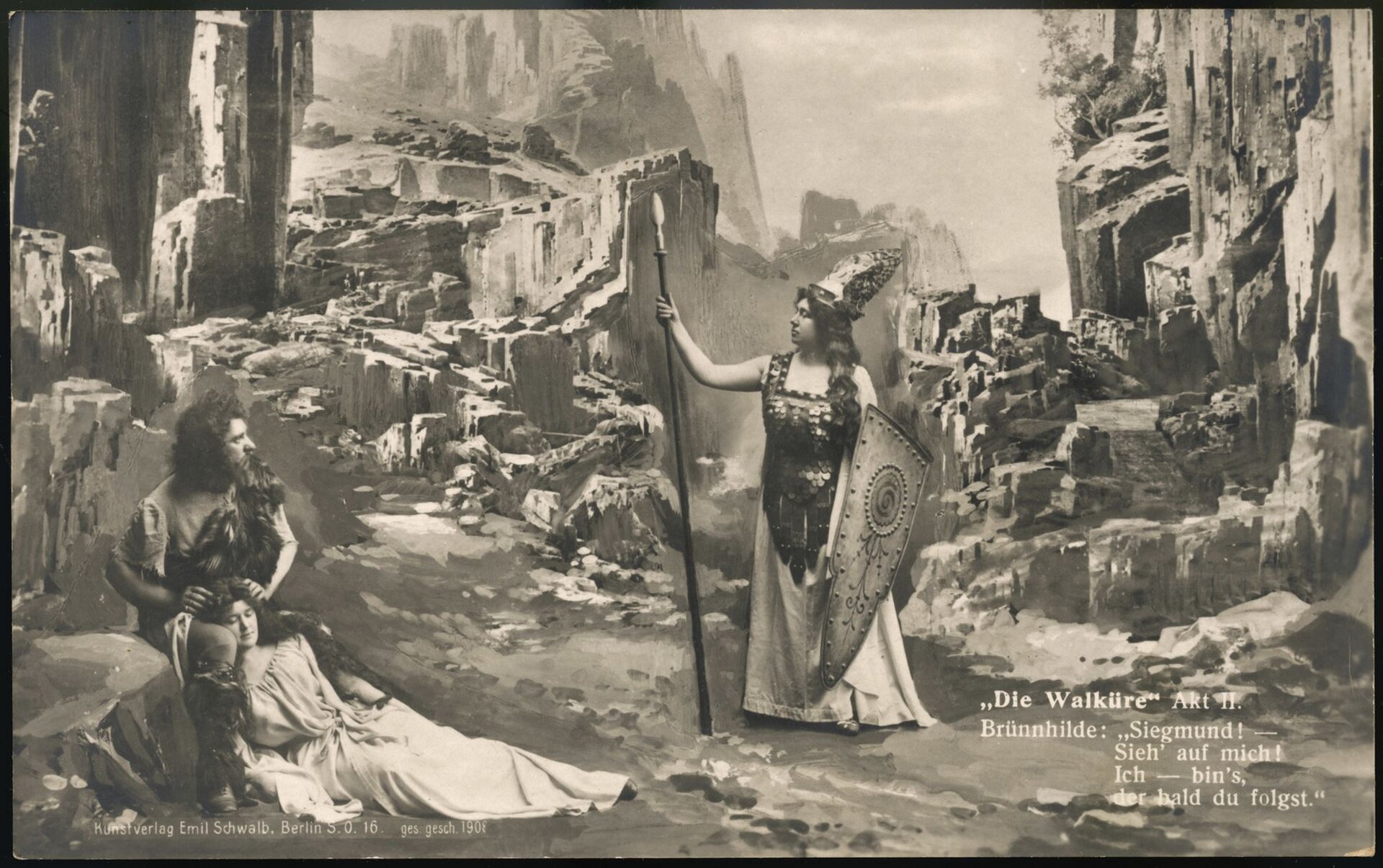 Ilustracja przedstawia realizację dramatu „Walkiria” z 1908 r. Skalne miasto a poniżej stojąca kobieta w zbroi i drewnianą strzałą. Ujęta jest z lewego profilu, ma długi, upleciony warkocz. Po lewej stronie znajduje się siedzący na skale mężczyzna w długich włosach, obok niego znajduje się niewiasta, która leży na ziemi, głowę opiera o wewnętrzną część ud mężczyzny. Kobieta jest w białej sukni, ma długie, rozpuszczone włosy.