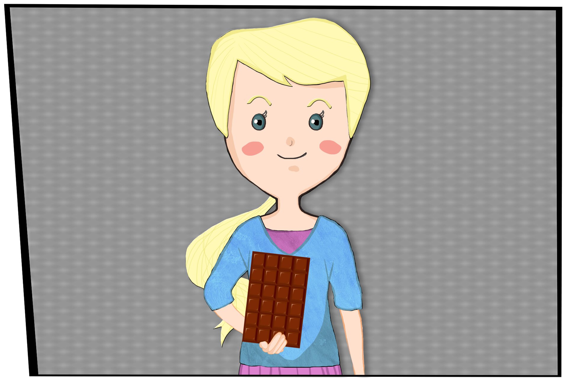 Rysunek dziewczynki, która w ręku trzyma czekoladę podzieloną na 24 kawałki.