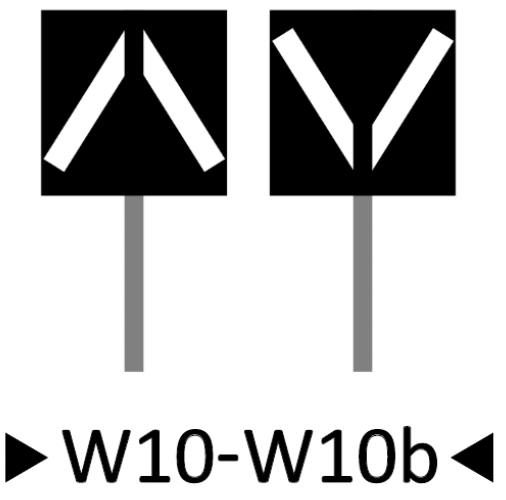 Wskaźniki wu dziesięć i wu be. Oba to czarne kwadraty na słupkach z dwoma skośnymi pasami. Pasy w każdym wskaźniku układają się w grot strzałki, ale nie łączą się. wu dziesięć ma strzałkę skierowaną w górę, a wu dziesięć be w dół.