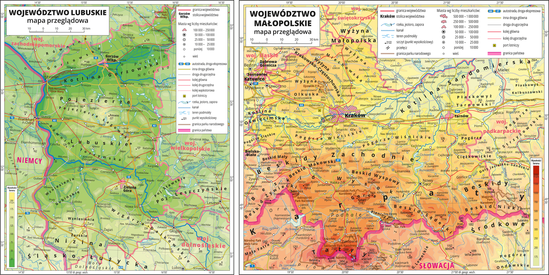 Ilustracja przedstawia dwie mapy poziomicowe. Od lewej mapa terenu równinnego, na którym widoczny jest kolor: ciemnozielony, zielony i jasnozielony. Po prawej stronie widoczna mapa terenu wyżynnego i górzystego, na którym widoczny jest kolor: żółty, pomarańczowy, brązowy, ciemnobrązowy i czerwony.