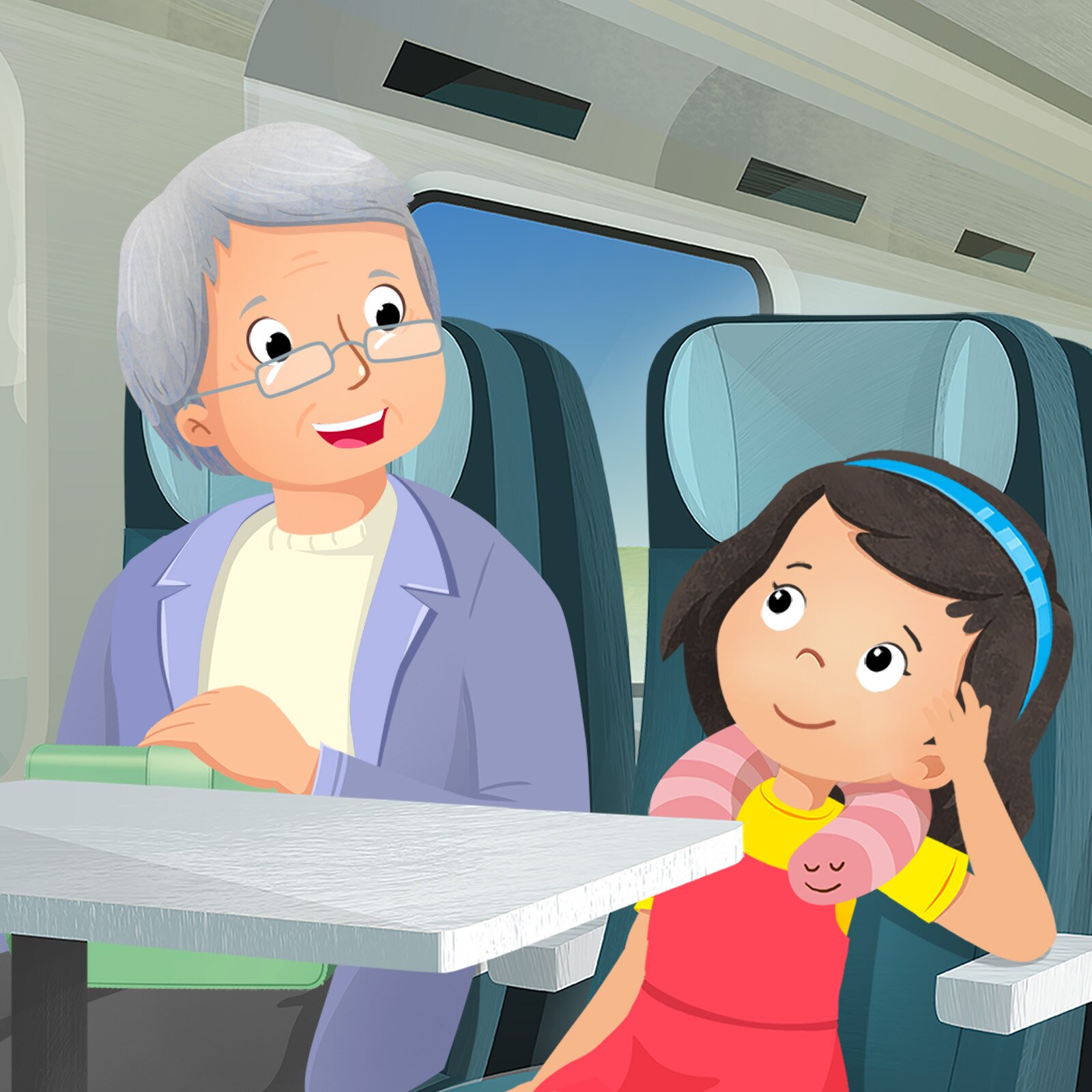 Ilustracja przedstawia starszą panią i dziewczynkę siedzące obok siebie w pociągu