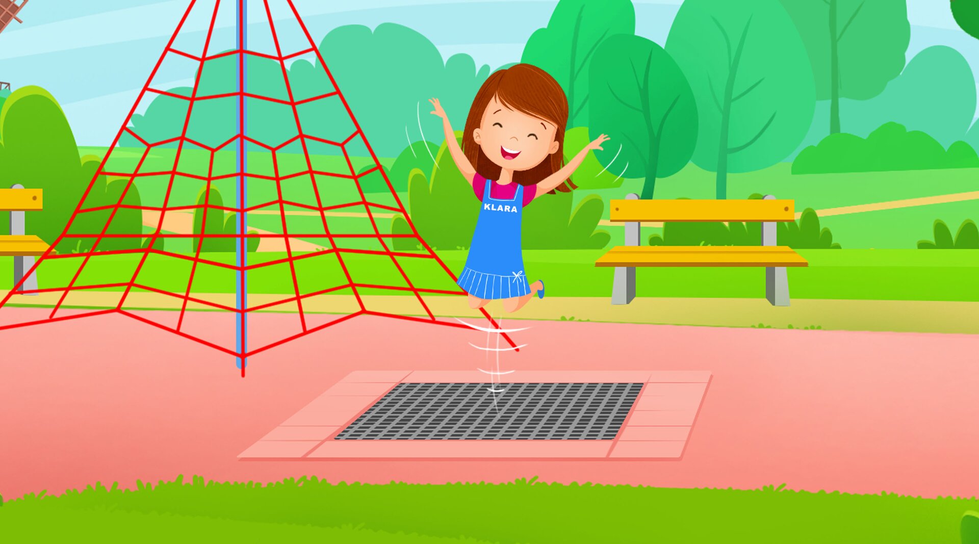 Na ilustracji znajduje się skacząca na trampolinie Klara. 