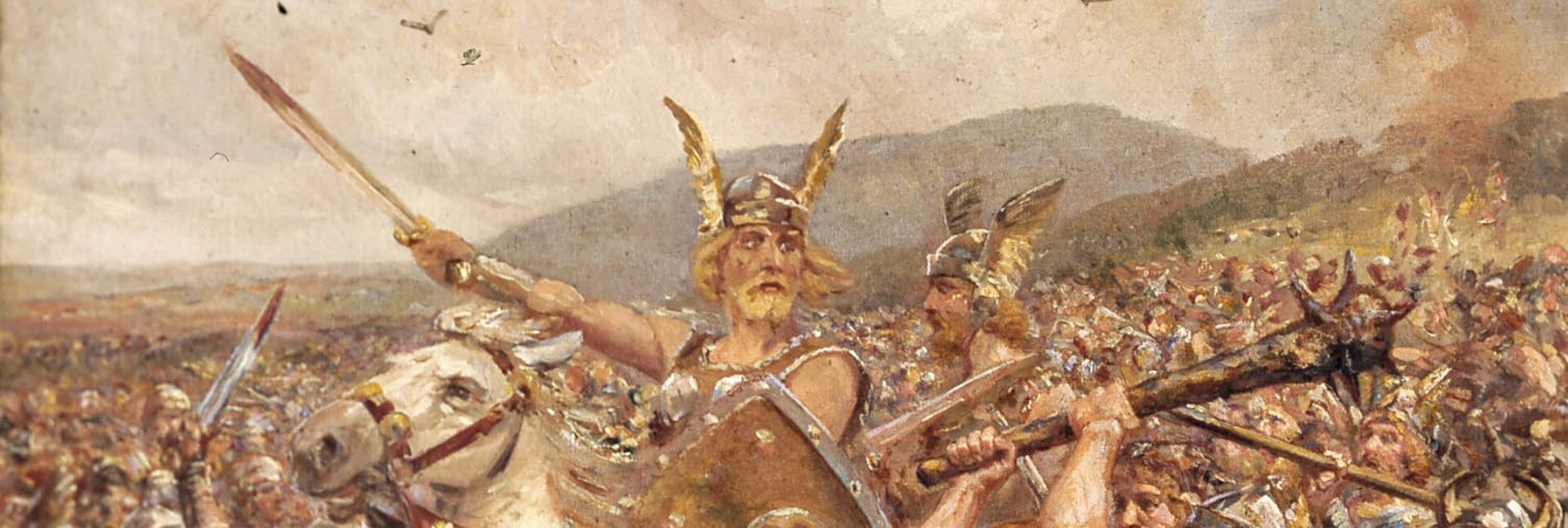 Fragment obrazu Bitwa w Lesie Teutoburskim. Fragment ukazuje germańskiego wodza Arminiusza, który dosiada białego konia. Wódz spogląda na swoich żołnierzy, a jego prawa dłoń z mieczem jest podniesiona w górę. Obok niego oraz w tle widoczni są inni wojownicy biorący udział w bitwie.