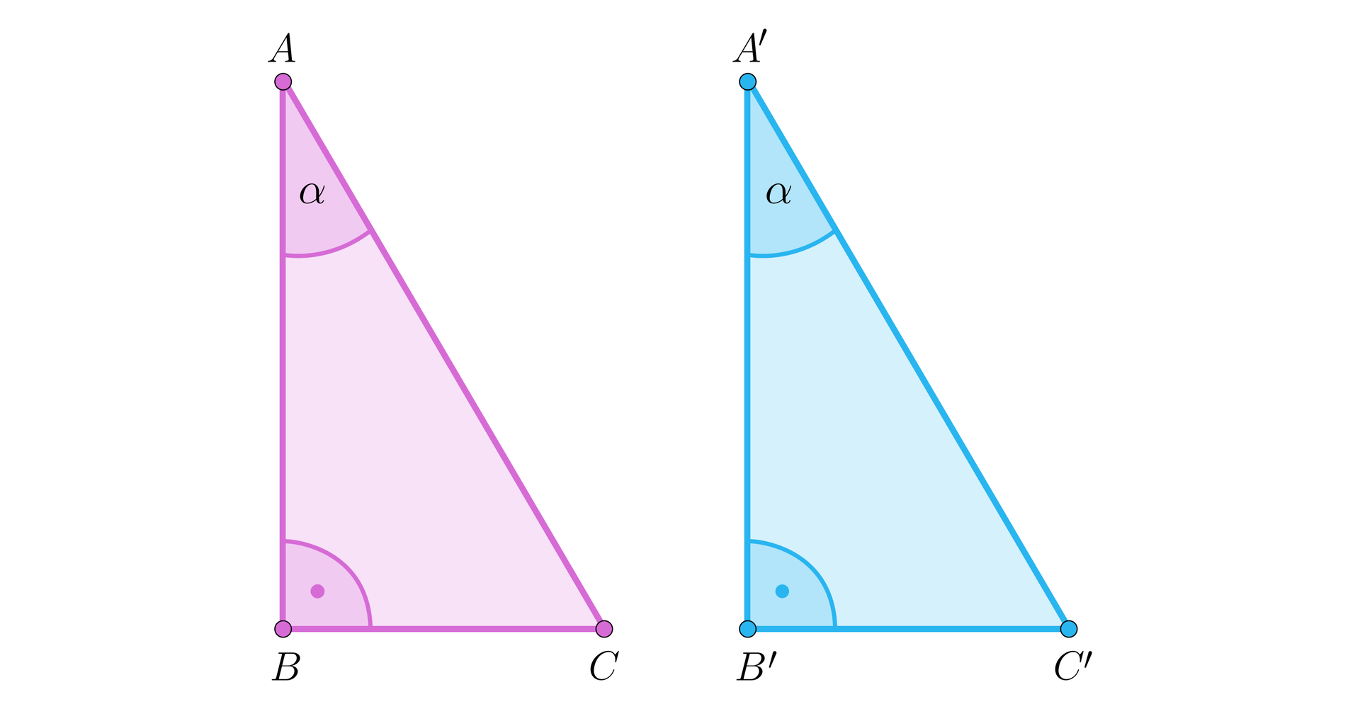 Na ilustracji przedstawiono dwa trójkąty prostokątne ABC, oraz A'B'C'. Kąty proste znajdują się przy wierzchołkach odpowiednio B i B'. Kąty przy wierzchołkach A, oraz A' oznaczono alfa.