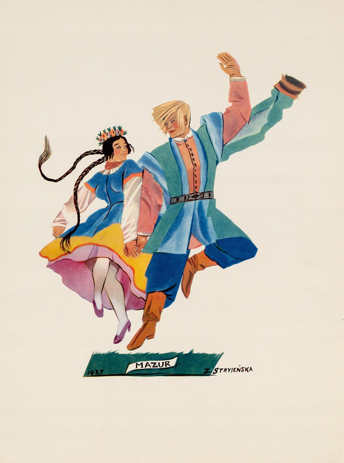 Ilustracja przedstawia kobietę i mężczyznę tańczących mazura na kremowym tle. Kobieta, jest z lewej strony, ma na sobie białą koszulę; niebieski kaftan, którego krótkie rękawy wykończono czerwonym materiałem; żółtą spódnicę, uniesioną od ruchu, oraz różowe buty na niskim obcasie. Jej długie, ciemne warkocze unoszą się. Na szyi ma czerwone korale, a na głowie wianek z kwiatów, patrzy na swojego partnera. Mężczyzna, unosi lewą rękę ku górze, prawą trzyma dłoń partnerki. Ma na sobie pomarańczowo‑różową koszulę; zielono‑niebieski kaftan, spięty w talii pasem; niebieskie spodnie oraz brązowe buty o wysokich cholewkach. Jego średniej długości blond włosy są lekko uniesione, a policzki zaróżowione. Patrzy w stronę kobiety. Pod tańczącą parą jest fragment porośniętej trawą ziemi z napisem „MAZUR”, umieszczonym na białym tle, oraz datą „1927” i podpisem „Z. Stryjeńska”. 