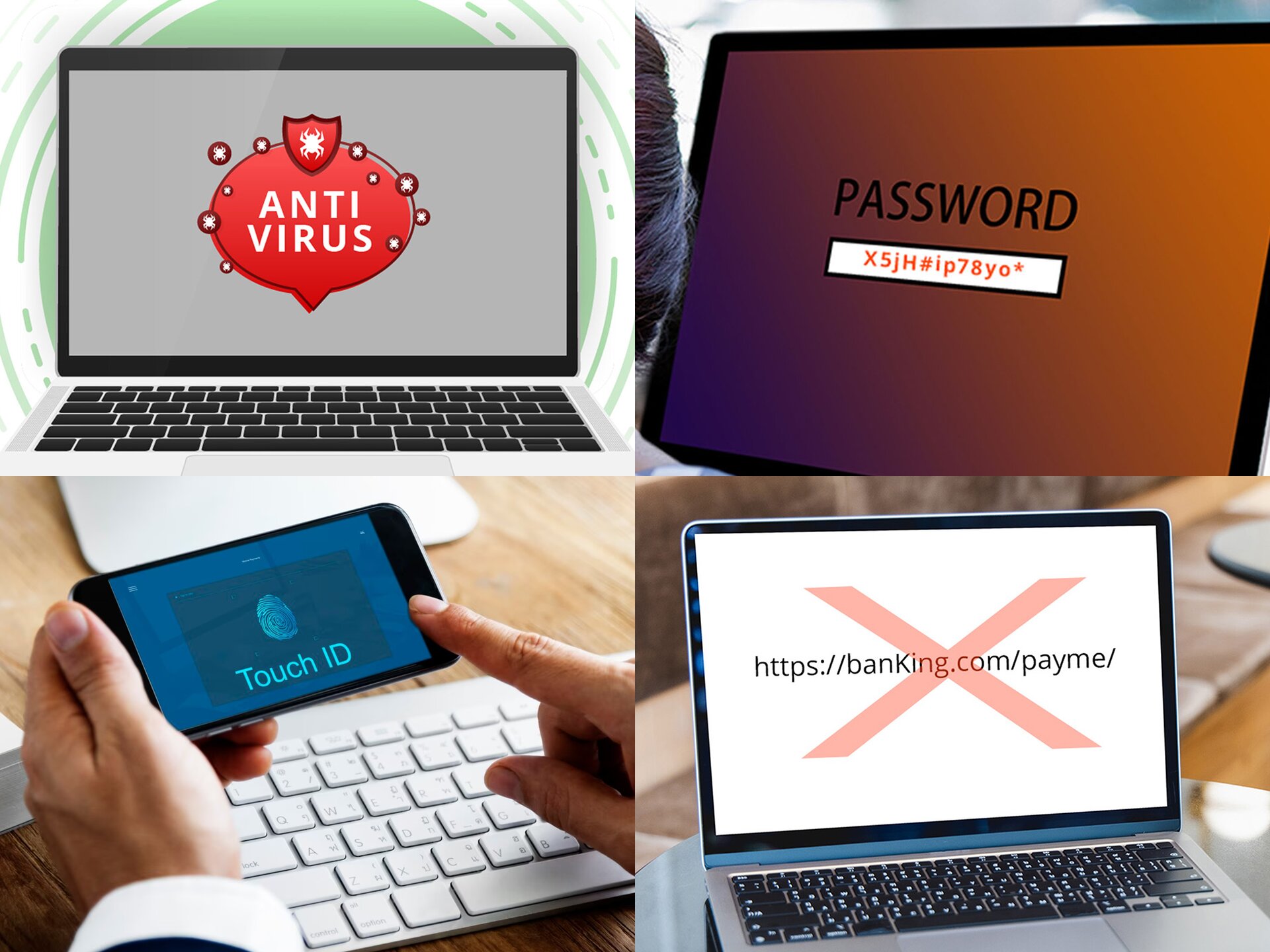Ilustracja składa się z czterech zdjęć. Na zdjęciu w lewym górnym rogu widoczny jest otwarty laptop, na którego ekranie widoczny jest pośrodku czerwony dymek z napisem z białych liter w języku angielskim: ANTI VIRUS. Nad napisem widoczna jest tarcza z czerwonym tłem i białym pająkiem pośrodku. Przy wewnętrznej i zewnętrznej krawędzi dymku widoczne są czerwone kółka z wpisanymi białymi pająkami. Tło monitora jest szare. Za laptopem widoczne są koncentrycznie ułożone okręgi w kolorze jasnozielonym, wykonane z przerywanych i pełnych linii. Na zdjęciu w prawym górnym rogu widoczny jest ekran laptopa, z widocznym napisem z czarnych liter w języku angielskim: PASSWORD. Poniżej widoczne jest prostokątne pole w kolorze białym, w które wpisany jest ciąg liter i cyfr symbolizujących hasło. Na zdjęciu w lewym dolnym rogu widoczne są dłonie trzymające telefon. Na wyświetlaczu telefonu widoczny jest ciemny prostokąt z jaskrawoniebieskim odciskiem linii papilarnych, poniżej którego widoczny jest napis z jaskrawoniebieskich liter w języku angielskim Touch ID. Poniżej widoczna jest klawiatura komputera. Na zdjęciu w prawym dolnym rogu widoczny jest otwarty laptop, który stoi na blacie okrągłego stolika. Na ekranie laptopa widoczny jest adres strony internetowej: https://banKing.com/payme/ przekreślony dużym, czerwonym znakiem X. Na prawo od laptopa widoczna jest biała filiżanka. W tle widoczny fragment kolejnego okrągłego stolika oraz fragment ławy do siedzenia.