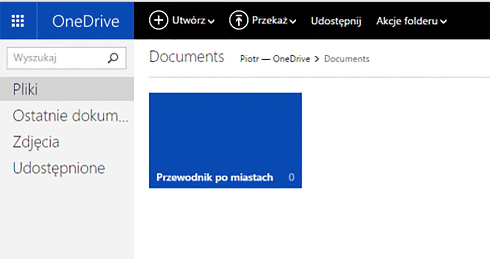 Widok stworzonego folderu \\\"Poradnik po miastach\\\" w zasobach chmury OneDrive