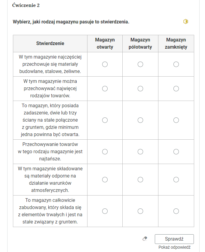 Widok na ćwiczenie, polegające na zaznaczeniu odpowiedniej kolumny w tabeli. W górnej części polecenie: “Ćwiczenie drugie. Wybierz, jaki rodzaj magazynu pasuje do stwierdzenia”. Po prawej stronie polecenia jest żółty sześciokąt, który obrazuje poziom trudności zadania.Poniżej znajduje się tabela złożona z nagłówka, czterech kolumn i sześciu wierszy. Nagłówek pierwszej kolumny to “Stwierdzenie”. Nagłówek drugiej kolumny to “magazyn otwarty”. Nagłówek trzeciej kolumny to “magazyn półotwarty”. Nagłówek czwartej kolumny to “magazyn zamknięty”. Poniżej w kolejnych wierszach pierwszej kolumny zabrane stwierdzenia. Pierwszy wiersz: “W tym magazynie najczęściej przechowuje się materiały budowlane, stalowe, żeliwne”. Drugi wiersz: “W tym magazynie można przechowywać najwięcej rodzajów towarów”. Trzeci wiersz: “To magazyn, który posiada zadaszenie, dwie lub trzy ściany na stałe połączone z gruntem, gdzie minimum jedna powinna być otwarta”. Czwarty wiersz: “Przechowywanie towarów w tego rodzaju magazynie jest najtańsze”. Piąty wiersz: “W tym magazynie składowane są materiały odporne na działanie warunków atmosferycznych”. Szósty wiersz: “To magazyn całkowicie zabudowany, który składa się z elementów trwałych i jest na stałe związany z gruntem”.Poniżej ikona gumki do usuwania odpowiedzi, przycisk “Sprawdź” oraz przycisk “Pokaż odpowiedź”.