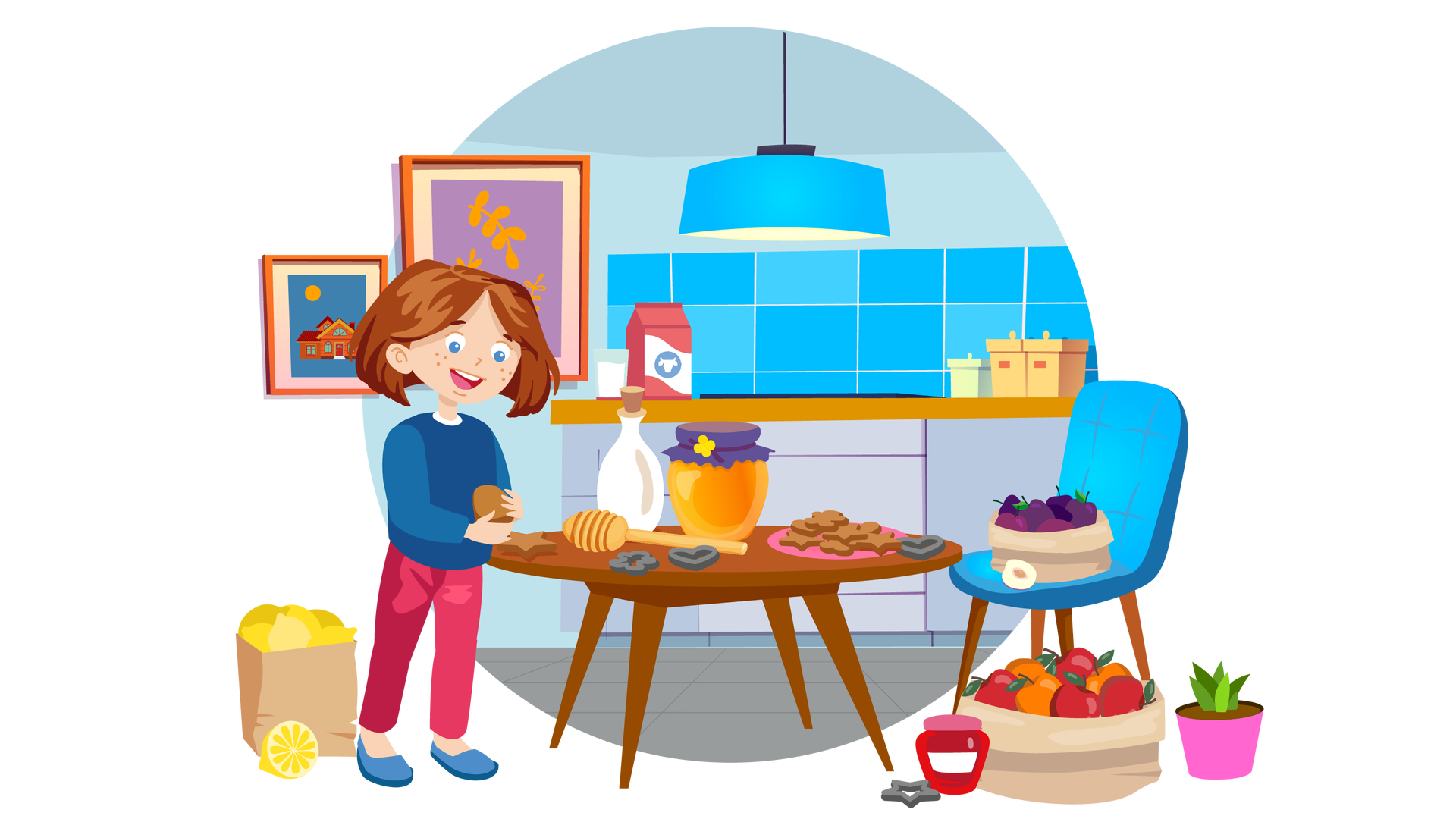 Ilustracja przedstawia kuchnię w domu Franka i Mai. W tle widać niebieską ścianę, wzdłuż której stoi rząd szarych szafek kuchennych. Na brązowym blacie znajduje się kilka przedmiotów. Po lewej stronie stoi szklanka mleka i karton mleka, a po prawej są dwa pomarańczowe pojemniki na żywność i jeden jasnozielony, nieco mniejszy. Na lewo od szafek kuchennych wiszą na ścianie dwa obrazki w brązowych ramkach. Pierwszy obrazek przedstawia duży dom jednorodzinny na granatowym tle, a nad nim pomarańczowe słońce. Drugi obrazek przedstawia kilka pomarańczowych gałązek z pomarańczowymi listkami na fioletowym tle. Na pierwszym planie stoi okrągły drewniany stół, nad którym wisi duża niebieska lampa sufitowa. Na stole znajdują się różne przedmioty: słoik miodu, szklana butelka z korkiem, specjalna łyżka do miodu, ciastka na różowym talerzyku i srebrne foremki do ciastek. Po prawej stronie stołu widać niebieskie krzesło. Na jego siedzisku znajduje się jasnobrązowy worek wypełniony śliwkami. Połowa kolejnej śliwki leży obok worka. Przed krzesłem, na podłodze, stoi kolejny jasnobrązowy worek, który jest wypełniony jabłkami. Po jego prawej stronie widać niewielką zieloną roślinę w różowej donicy, a po lewej foremkę do ciastek w kształcie gwiazdki i słoik dżemu truskawkowego. Po lewej stronie ilustracji, na podłodze, znajduje się brązowa papierowa torba wypełniona cytrynami. Połowa kolejnej cytryny leży obok torby. Dalej na prawo stoi przy stole uśmiechnięta Maja. Jest ubrana w granatową bluzę z długimi rękawami, długie ciemnoróżowe spodnie i granatowe buty. W lewej dłoni trzyma jedno ciastko, a prawą wyciąga w kierunku drugiego, które leży na stole.