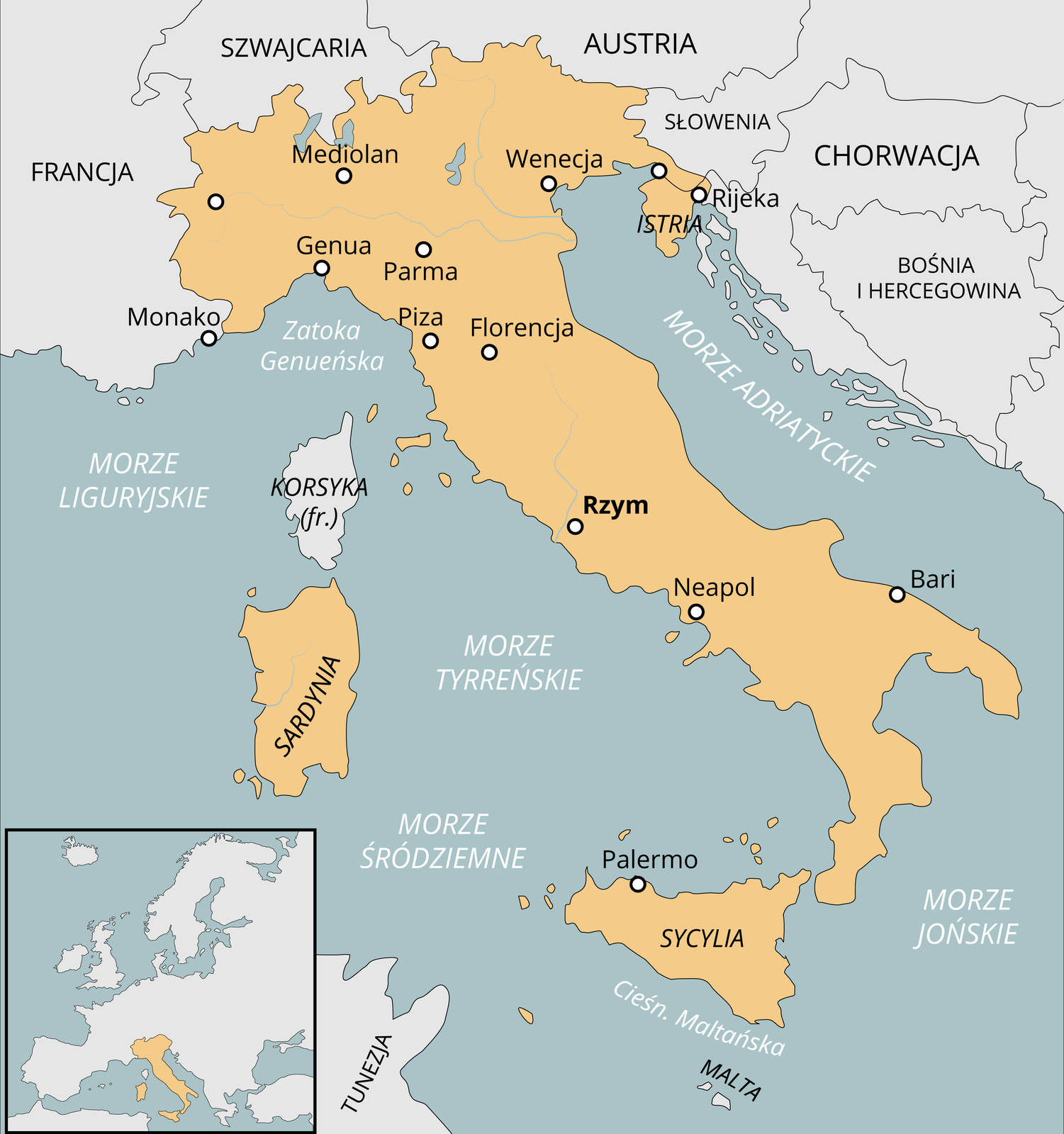 Mapa, na której zaznaczone są Włochy, Istria z miastem Rijeka oraz wyspy Sycylia i Sardynia.
