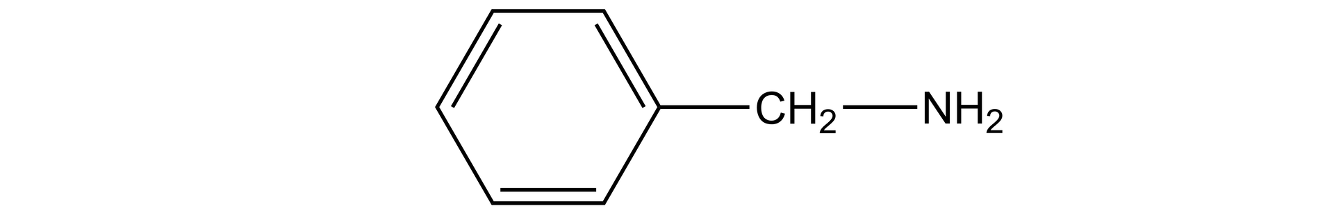 Ilustracja przedstawia wzór benzyloaminy. Do pierścienia fenylowego przyłączona jest grupa CH2NH2.