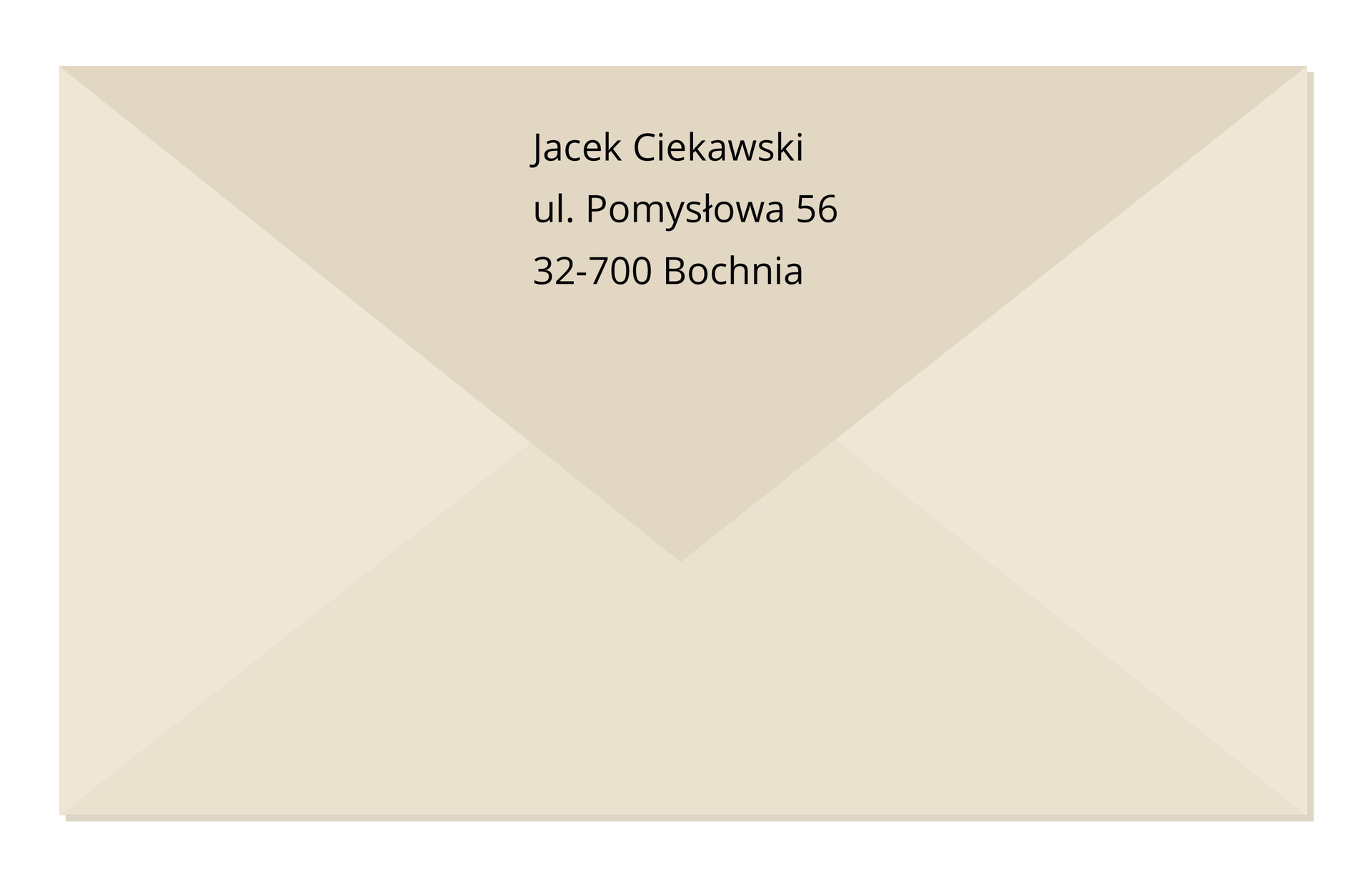 Ilustracja przedstawia tył koperty z adresem: Jacek Ciekawski, ul. Pomysłowa 56, 32-700 Bochnia