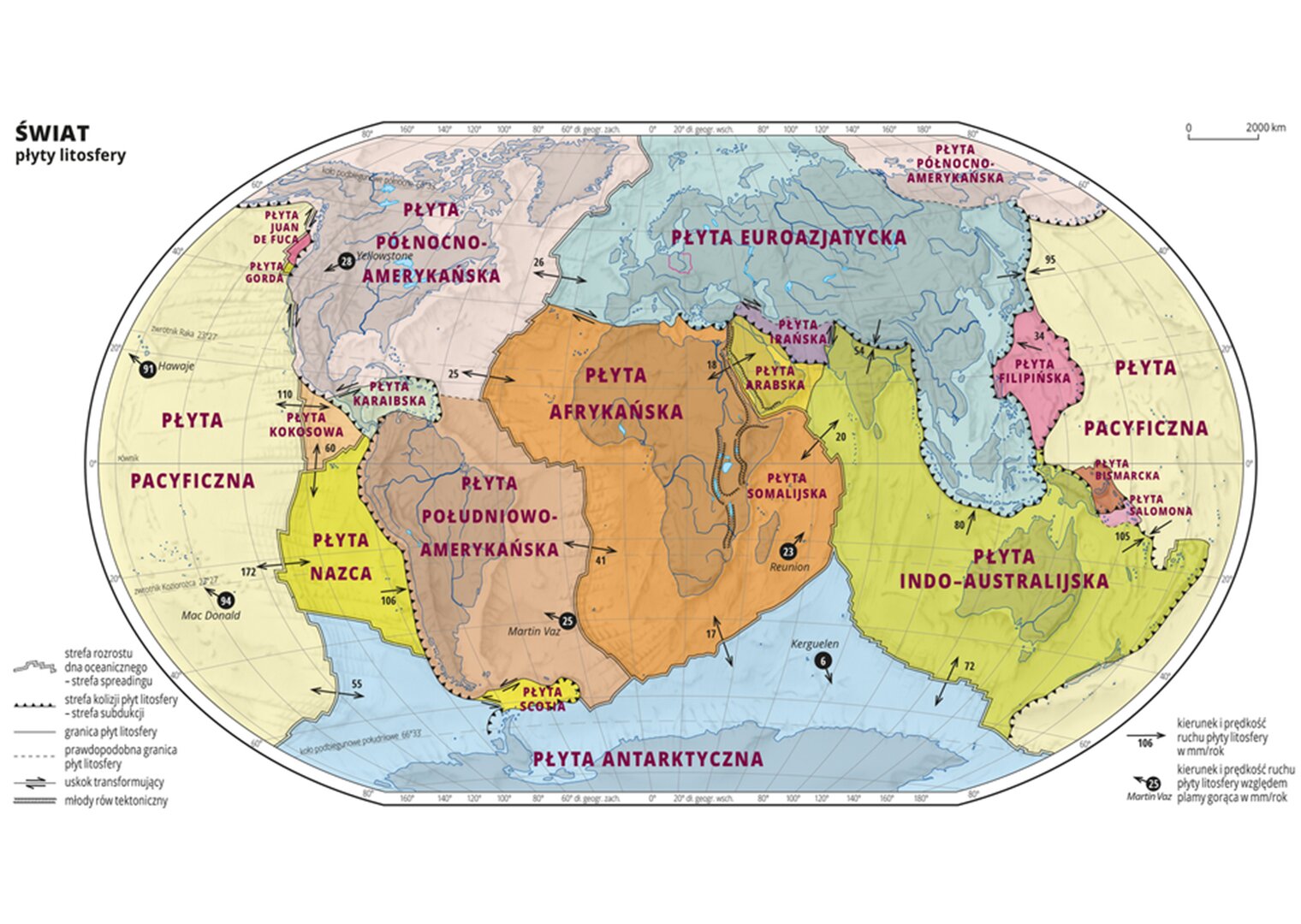 Mapa świata pokazująca płyty litosfery. Zaczynając od zachodu na mapie pokazano Płytę Pacyficzną, Płytę Północno-Amerykańską, Płytę Karaibską, Płytę Kokosową, Płytę Nazca, Płytę Południowo-Amerykańską, Płytę Euroazjatycką, Płytę Afrykańską, Płytę Irańską, Płytę Arabską, Płytę Somalijską, Płytę Indo-Australijską, Płytę Filipińską, Płytę Salomona oraz Płytę Bismarcka. Na południu znajduje się również Płyta Antarktyczna.