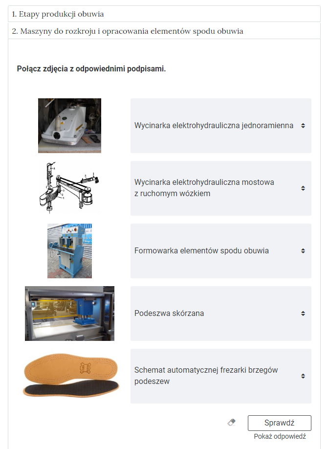 Grafika przedstawia widok na przykładowe ćwiczenie polegające na połączeniu zdjęć z podpisami w otwartej zakładce. 