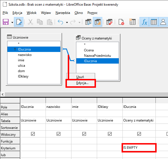 Zrzut ekranu przedstawia kreator kwerend w programie  LibreOffice Base  o nazwie Szkola.odb: Brak ocen z matematyki-  LibreOffice Base  : Projekt kwerendy. W oknie widoczna są 2 tabele: Uczniowie i Oceny z matematyki  Tabela Uczniowie zawiera pola IDucznia (klucz główny), nazwisko, imie, ulica, dom, IDklasy Tabela Oceny z matematyki zawiera pola : Ocena, NazwaPrzedmiotu, IDucznia  Tabele Uczniowie i Oceny z matematyki są ze sobą połączone relacją  Na tym połączeniu otwarte jest okienko w opcjami: Usuń i Edycja (w czerownej ramce).  Niżej znajduje się tabela o 7 wierszach podpisanych jako: Pole, Alias, Tabela, Sortowanie, Widoczny, Funkcja, Kryterium, lub.  W wierszu Pole wpisano: IDucznia, nazwisko, imie, IDklasy, IDucznia  Wiersz Alias jest pusty  W wierszu Tabela wpisano cztery razy Uczniowie i Oceny z matematyki w piątej komórce  Wiersz Sortowanie jest pusty  W wierszu Widoczny w pięciu komórkach widnieje kwadrat ze znakiem zaznaczenia wewnątrz  W wierszu Kryterium w piątej komórce widnieje tekst IS EMPTY Wiersz Funkcja oraz lub jest pusty.