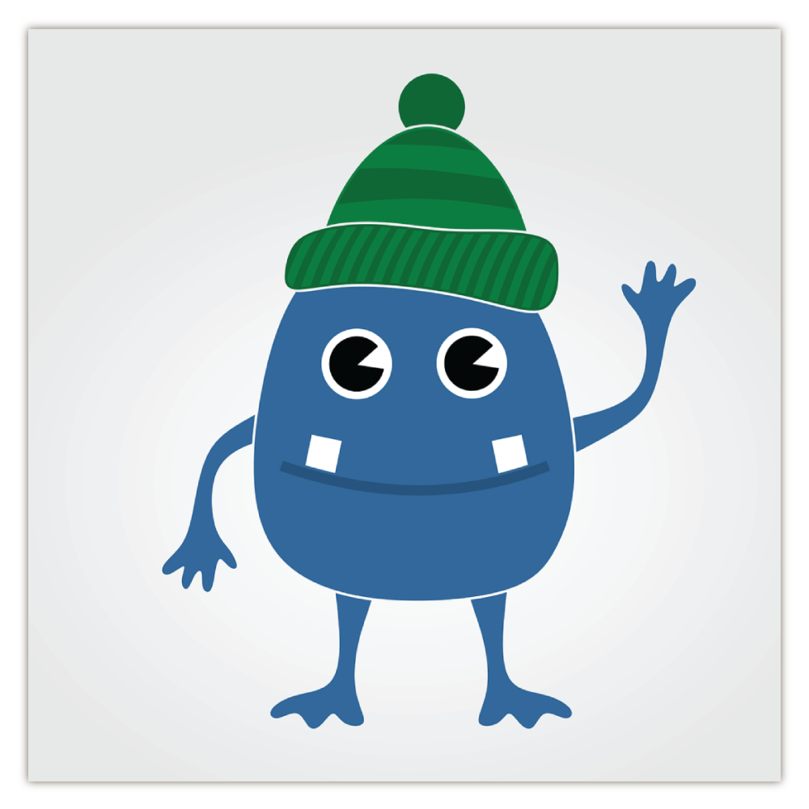 Ilustracja przedstawia potworka. Jest niebieski, jego ciało stanowi sama głowa i kończyny. Nosi czapkę. Ma dwie nogi i dwie ręce z czterema palcami. Jedną ręką przyjaźnie macha. Ma dwoje oczu i poniżej uśmiech z wystającymi dwoma zębami.