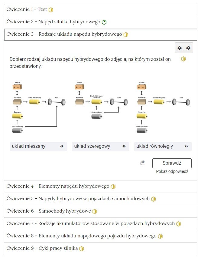 Przykładowy widok rozwiniętej zakładki interaktywnych materiałów sprawdzających 