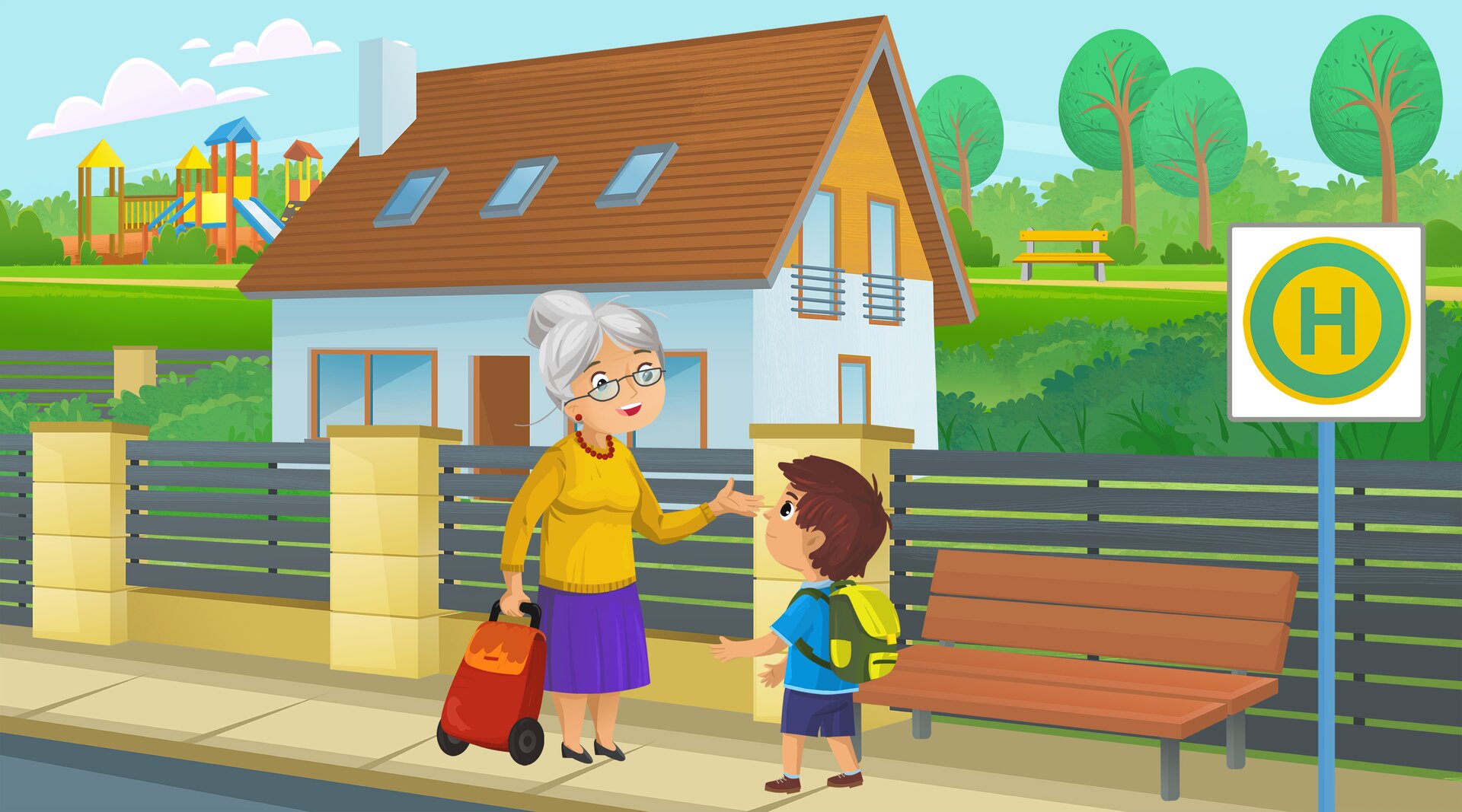 Ilustracja przedstawia chłopca z plecakiem i starsza panią z torbą na zakupy na kółkach, stojących na przystanku.