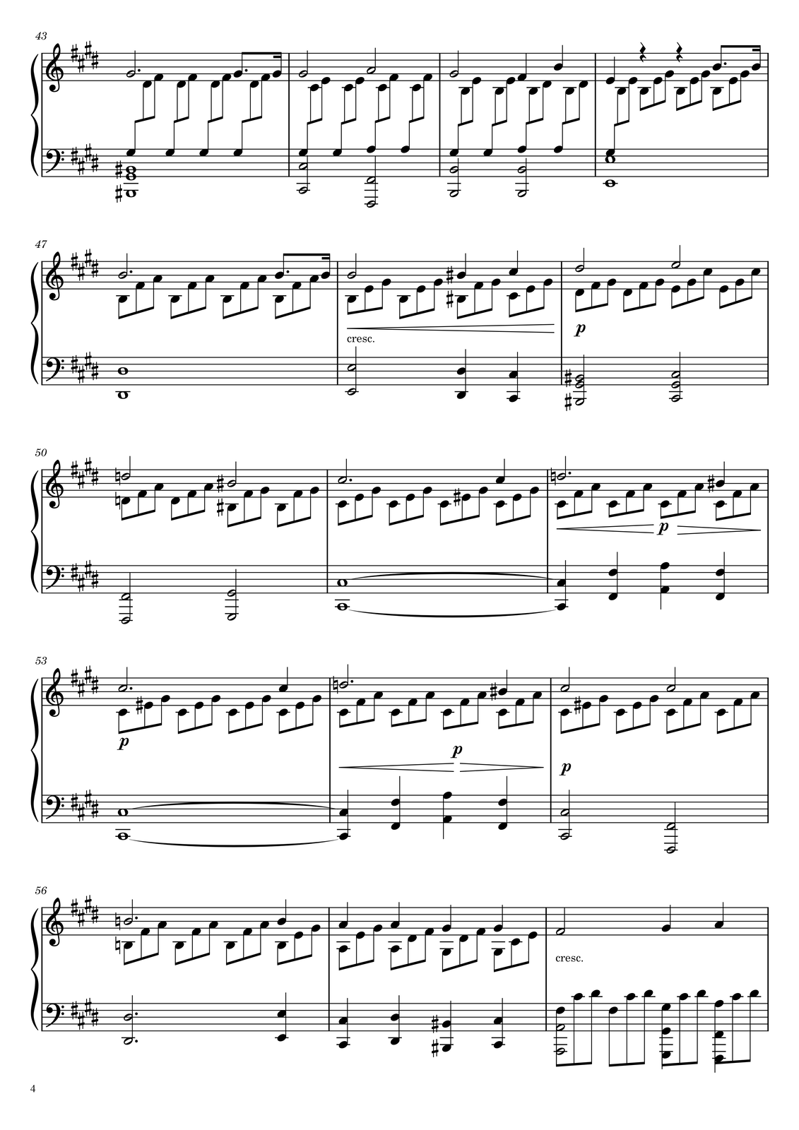 W piętnastej linijce partytury zapisano takty od czterdziestego trzeciego do czterdziestego szóstego. W takcie czterdziestym trzecim w kluczu wiolinowym w górnym głosie grana jest półnuta z kropką gis na pierwszą miarę, a na miarę czwartą ósemka z kropką gis oraz szesnastka gis. W głosie dolnym cztery razy, na każdą z miar wykonywana jest triola ósemkowa, złożona z dźwięków gis, dis oraz fis. W kluczu wiolinowym w takcie czterdziestym czwartym w górnym głosie na pierwszą miarę grana jest półnuta gis, a na miarę trzecią półnuta a. W dolnym głosie na pierwsze dwie miary zapisane są triole ósemkowe, złożone z dźwięków gis, cis oraz e, czyli z rozłożonym akordem cis‑moll w drugim przewrocie, a na miary trzecią oraz czwartą triole ósemkowe złożone z nut a, cis oraz fis, czyli z akordem fis‑moll w pierwszym przewrocie. W czterdziestym piątym takcie w kluczu wiolinowym w górnym głosie na pierwszą miarę grana jest półnuta gis, na miarę trzecią ćwierćnuta fis, a na miarę czwartą ćwierćnuta h. W dolnym głosie na pierwsze dwie miary zapisano dwie triole ósemkowe, złożone z nut gis, h oraz e, czyli z akordem E‑dur w pierwszym przewrocie, a na miary trzecią oraz czwartą kolejne dwie triole ósemkowe, składające się z nut a, h oraz dis. W takcie czterdziestym szóstym w kluczu wiolinowym w górnym głosie zapisano na pierwszą miarę ćwierćnutę e, na miarę drugą oraz trzecią po pauzie ćwierćnutowej, a na czwartą miarę ósemkę z kropką gis oraz szesnastkę gis. W głosie dolnym na pierwszą miarę grana jest triola ósemkowa, złożona z dźwięków gis, h oraz e, czyli rozłożony akord E‑dur w pierwszym przewrocie; na miary drugą, trzecią oraz czwartą zapisano triolę ósemkową, złożoną z nut h, e oraz gis, czyli ponownie akord E‑dur, tym razem w drugim przewrocie. W kluczu basowym w czterdziestym trzecim takcie na pierwszą miarę zapisany jest trójdźwięk‑cała nuta, złożony z dźwięków his, gis oraz ponownie his o oktawę wyżej. W kluczu basowym w takcie czterdziestym czwartym na pierwszą miarę zapisana jest półnuta‑dwudźwięk złożona z dźwięku cis w oktawie, a na miarę trzecią półnuta‑dwudźwięk, złożona z dźwięku fis w oktawie. W czterdziestym piątym takcie w kluczu basowym na pierwszą oraz trzecią miarę zapisane są półnuty‑oktawy h. W takcie czterdziestym szóstym grana jest cała nuta‑oktawa, złożona z dwóch dźwięków e. W szesnastej linijce partytury zapisano takty od czterdziestego siódmego do czterdziestego dziewiątego. W takcie czterdziestym siódmym w kluczu wiolinowym w górnym głosie na pierwsze trzy miary zapisano półnutę z kropką h, a na miarę czwartą ósemkę z kropką h oraz szesnastkę h. W głosie dolnym na każdą z miar grana jest triola ósemkowa, złożona z nut h, fis oraz a. W takcie czterdziestym ósmym w głosie górnym na pierwsze dwie miary zapisano półnutę h, na miarę trzecią ćwierćnutę his, natomiast na miarę czwartą ćwierćnutę cis. W głosie dolnym na pierwsze dwie miary zapisano po trioli ósemkowej, złożonej z nut h, e oraz gis, czyli rozłożonym akordem E‑dur, na miarę trzecią grana jest triola ósemkowa, złożona z nut his, fis oraz gis, natomiast na miarę czwartą zapisano triolę ósemkową, złożoną z nut cis, e oraz gis, czyli rozłożony akord cis‑moll. W czterdziestym dziewiątym takcie w kluczu wiolinowym w górnym głosie na pierwsze dwie miary grana jest półnuta dis, a na miary trzecią oraz czwartą półnuta e. W głosie dolnym na pierwsze dwie miary zapisano dwie triole ósemkowe, złożone z nut dis, fis oraz gis, natomiast na miary trzecią oraz czwartą grane są triole ósemkowe, składające się z dźwięków e, gis oraz cis, czyli z rozłożonego akordu cis‑moll. W kluczu basowym w takcie czterdziestym siódmym grana jest cała nuta‑oktawa dis. W takcie czterdziestym ósmym w kluczu basowym na pierwsze dwie miary grana jest półnuta‑oktawa e, na miarę trzecią ćwierćnuta‑oktawa dis, natomiast na miarę czwartą ćwierćnuta‑oktawa cis. W takcie na pierwszą miarę rozpoczyna się crescendo [czytaj: kreszendo], które kończy się po czwartej mierze. W czterdziestym dziewiątym takcie w kluczu basowym na pierwsze dwie miary zapisano półnutę‑trójdźwięk, złożony z nut his, e oraz his oktawę wyżej, natomiast na miary trzecią oraz czwartą zapisano półnutę‑trójdźwięk, złożoną z nut cis, gis oraz cis oktawę wyżej. W takcie na pierwszą miarę zapisano zmianę dynamiki na piano [czytaj: pjano]. W siedemnastej linijce partytury zapisano takty od pięćdziesiątego do pięćdziesiątego drugiego. W pięćdziesiątym takcie w kluczu wiolinowym w górnym głosie na pierwsze dwie miary grana jest półnuta d, natomiast na miary trzecią oraz czwartą półnuta his. W głosie dolnym na pierwsze dwie miary zapisano po trioli ósemkowej, składającej się z nut d, fis oraz a, czyli z rozłożonego akordu D‑dur, natomiast na miary trzecią oraz czwartą grane są dwie triole ósemkowe, złożone z dźwięków his, fis oraz gis. W takcie pięćdziesiątym pierwszym w kluczu wiolinowym w górnym głosie na pierwsze trzy miary grana jest półnuta z kropką cis, natomiast na miarę czwartą ćwierćnuta cis. W dolnym głosie na pierwsze dwie miary zapisano dwie triole ósemkowe, złożone z nut cis, e oraz gis, czyli z rozłożonym akordem cis‑moll, natomiast na miary trzecią oraz czwartą zapisano po trioli ósemkowej, złożonej z nut cis, eis oraz gis, czyli z akordem Cis‑dur. W takcie pięćdziesiątym drugim w kluczu wiolinowym w górnym głowie na pierwsze trzy miary zapisano półnutę z kropką d, natomiast na miarę czwartą ćwierćnutę his. W głosie dolnym na wszystkie cztery miary grana jest triola ósemkowa, złożona z dźwięków cis, fis oraz a, czyli z rozłożonym akordem fis‑moll. W kluczu basowym w takcie pięćdziesiątym na pierwsze dwie miary grana jest półnuta‑oktawa fis, natomiast na miary trzecią oraz czwartą półnuta‑oktawa gis. W kluczu basowym w pięćdziesiątym pierwszym takcie grana jest cała nuta‑oktawa cis, przedłużona do kolejnego taktu. W pięćdziesiątym drugim takcie w kluczu basowym na pierwszą miarę zapisana jest ćwierćnuta‑oktawa cis, przedłużona z taktu poprzedniego, na miarę drugą zapisano ćwierćnutę‑oktawę fis, na trzecią miarę ćwierćnutę‑oktawę a, natomiast na miarę czwartą ponownie ćwierćnutę‑oktawę fis. W takcie na pierwsze dwie miary zapisano crescendo [czytaj: kreszendo], które kończy się zmianą dynamiki na piano [czytaj: pjano] na miarę trzecią, po której zapisano diminuendo, trwające do końca taktu. W osiemnastej linijce partytury zapisano takty od pięćdziesiątego trzeciego do pięćdziesiątego piątego. W takcie pięćdziesiątym trzecim w kluczu wiolinowym w górnym głosie na pierwsze trzy miary grana jest półnuta z kropką cis, a na miarę czwartą ćwierćnuta cis. W głosie dolnym na wszystkie miary zapisano triole ósemkowe, składające się z nut cis, eis oraz gis, czyli z rozłożonego akordu Cis‑dur. W takcie pięćdziesiątym czwartym w kluczu wiolinowym w górnym głosie na pierwsze trzy miary grana jest półnuta z kropką d, a na miarę czwartą ćwierćnuta his. W głosie dolnym na wszystkie miary grane są triole ósemkowe, złożone z nut cis, fis oraz a, czyli z rozłożonym akordem fis‑moll. W takcie pięćdziesiątym piątym w kluczu wiolinowym w górnym głosie na pierwsze dwie miary grana jest półnuta cis, natomiast na miary trzecią oraz czwartą ponownie półnuta cis. W głosie dolnym na wszystkie miary zapisano triole ósemkowe, złożone z nut cis, eis oraz gis, czyli z rozłożonym akordem Cis‑dur. W takcie pięćdziesiątym trzecim w kluczu basowym grana jest cała nuta‑oktawa cis, przedłużona do kolejnego taktu. Na pierwszą miarę zapisano też zmianę dynamiki na piano [czytaj: pjano]. W kluczu basowym w takcie pięćdziesiątym czwartym na pierwszą miarę zapisano ćwierćnutę‑oktawę cis, przedłużoną z taktu poprzedniego; na miarę drugą zapisano ćwierćnutę‑oktawę fis, na trzecią miarę ćwierćnutę‑oktawę a, natomiast na miarę czwartą ponownie ćwierćnutę‑oktawę fis. W takcie na pierwsze dwie miary zapisano crescendo [czytaj: kreszendo], które kończy się zmianą dynamiki na piano [czytaj: pjano] na miarę trzecią, po której zapisano diminuendo, trwające do końca taktu. W takcie pięćdziesiątym piątym na pierwsze dwie miary grana jest półnuta‑oktawa cis, na miary trzecią oraz czwartą półnuta‑oktawa fis. Na pierwszą miarę zapisano też zmianę dynamiki na piano [czytaj: pjano]. W dziewiętnastej linijce partytury zapisano takty od pięćdziesiątego szóstego do pięćdziesiątego ósmego. W takcie pięćdziesiątym szóstym w kluczu wiolinowym w górnym głosie na pierwsze trzy miary grana jest półnuta z kropką h, natomiast na miarę czwartą ćwierćnuta h. W głosie dolnym na pierwsze trzy miary zapisano triole ósemkowe, złożone z nut h, fis oraz a, natomiast na miarę czwartą triolę ósemkową, złożoną z dźwięków h, e oraz gis, czyli z rozłożonym akordem E‑dur. W takcie pięćdziesiątym siódmym w kluczu wiolinowym na pierwsze dwie miary zapisano dwie ćwierćnuty a, natomiast na miary trzecią oraz czwartą dwie ćwierćnuty gis. W dolnym głosie na pierwszą miarę zapisano triolę ósemkową, złożoną z nut a, e oraz gis, na miarę drugą triolę ósemkową, składającą się z dźwięków a, dis oraz fis, czyli z rozłożonym akordem zmniejszonym dis, na miarę trzecią zapisano triolę ósemkową, złożoną z nut gis, dis oraz fis, natomiast na miarę czwartą triolę ósemkową, składającą się z dźwięków gis, cis oraz e, czyli z rozłożonym akordem cis‑moll. W takcie pięćdziesiątym ósmym w kluczu wiolinowym w górnym głosie na pierwsze dwie miary grana jest półnuta fis, na miarę trzecią ćwierćnuta gis, natomiast na miarę czwartą ćwierćnuta a. Głos dolny został przeniesiony do klucza basowego; na wszystkie miary grane są triole ósemkowe, złożone z nut fis, cis oraz dis. W kluczu basowym w takcie pięćdziesiątym szóstym na pierwsze trzy miary grana jest półnuta z kropką‑oktawa dis, a na miarę czwartą ćwierćnuta‑oktawa e. W takcie pięćdziesiątym siódmym w kluczu basowym na pierwszą miarę grana jest ćwierćnuta‑oktawa cis, na miarę drugą ćwierćnuta‑oktawa dis, na trzecią miarę ćwierćnuta‑oktawa his, natomiast na miarę czwartą ćwierćnuta‑oktawa cis. W takcie pięćdziesiątym ósmym na pierwsze dwie miary grana jest półnuta‑oktawa a, na miarę trzecią ćwierćnuta‑oktawa gis, natomiast na czwartą miarę ćwierćnuta‑oktawa fis. W takcie zapisano crescendo [czytaj: kreszendo], które trwa od pierwszej miary do końca taktu.