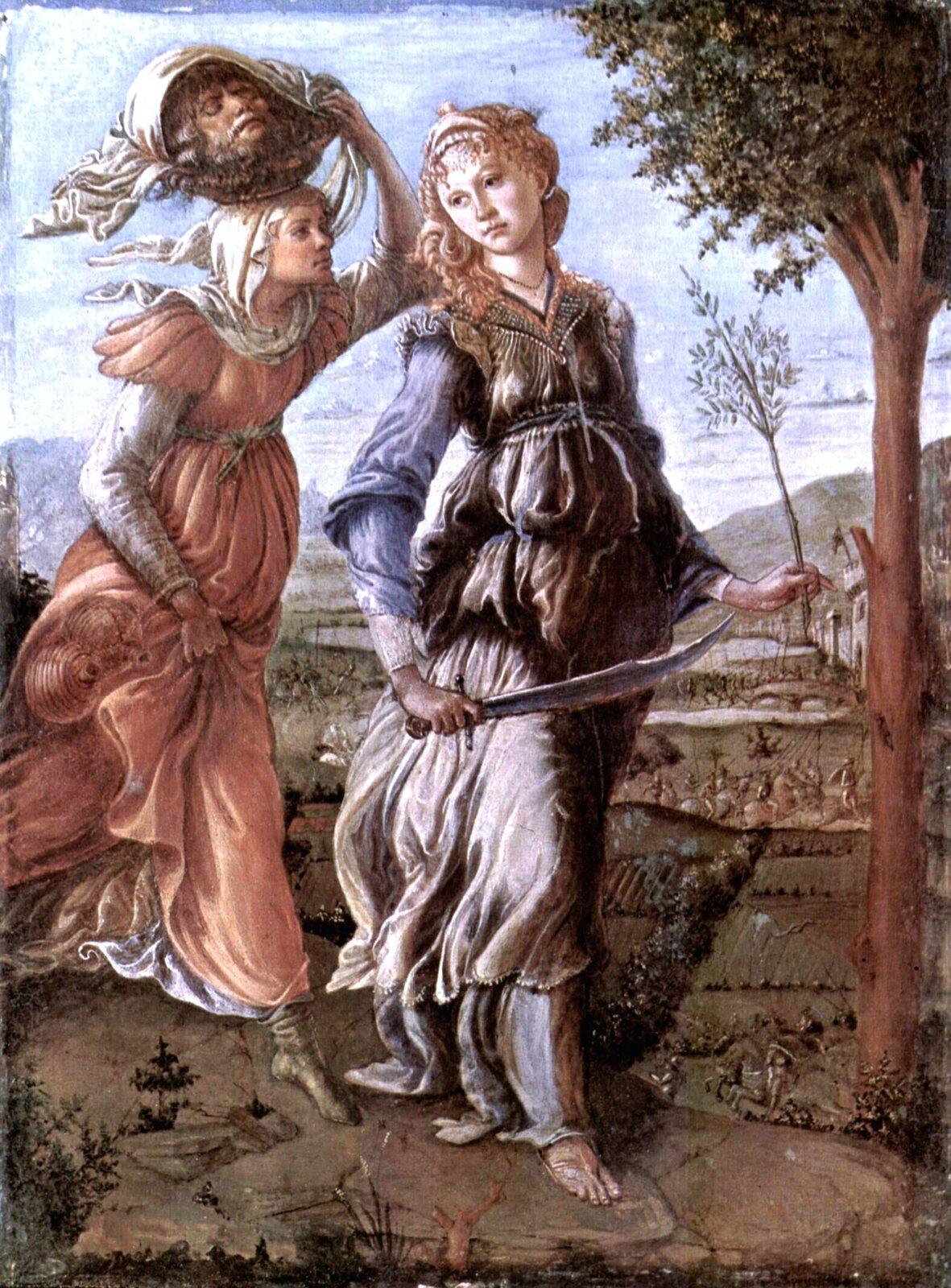 Ilustracja przedstawia obraz Sandro Botticelli „Powrót Judyty z obozu nieprzyjaciela do Betulli”. Na obrazie widzimy dwie kobiety. Pierwsza z nich ubrana jest w długą suknię. W ręku trzyma miecz. Ma jasne, kręcone włosy oraz bose stopy. Za nią idzie druga kobieta w długiej, różowej sukni związanej w pasie. Jedną ręką podtrzymuje suknie, natomiast drugą ręką trzyma głowę starszego mężczyzny na swojej głowie. Obok kobiet znajduje się drzewo. W tle widoczne są wzgórza oraz pola.