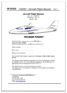 Zdjęcie przedstawia przykładową instrukcję AFM. Na górze dokumentu widnieje podkreślona nazwa firmy, nazwa samolotu, nazwa dokumentu oraz numer strony. Poniżej znajduję sie Nazwa dokumentu, numer dokumentu, oraz data wydania. Niżej znajduje się rysunek danego typu samolotu. Poniżej znajdują sie informacje o Nazwie oraz typie samolotu oraz numer rejestracyjny wraz z rokiem wydania dokumentu. Niżej opisany został paragraf prawny który został uwzględniony wraz z organizacją FAA. Na samym dole dokumentu  widnieje adres, numer telefonu, oraz adres strony internetowej strony producenta .