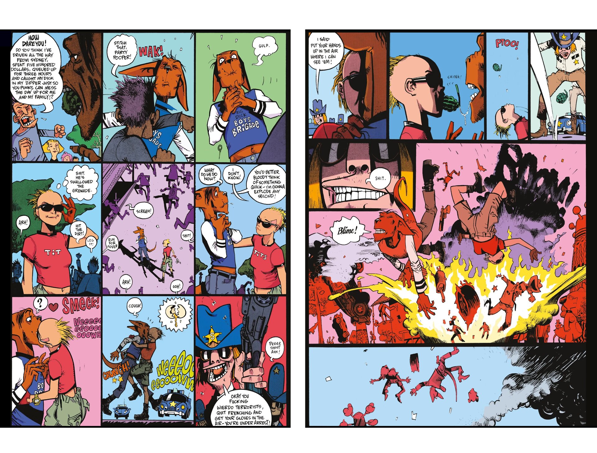 Na ilustracji znajduje się komiks podzielony na dwie części.  Po lewej stronie znajduje się kartka komiksu podzielona na dziewięć części. Komiks przedstawia rozmowę mężczyzny z pomarańczowym psem ubranym w koszulkę oraz spodnie. W dalszej części komiksu pojawia się postać kobiety w różowej koszulce oraz z wygolonymi włosami na głowie. Kobieta całuje w usta psa na oczach policjanta. Po prawej stronie ilustracji znajduje się komiks podzielony na pięć części. Komiks przedstawia kobietę która wyciąga z ust psa granat, który wcześniej włożył mu do ust mężczyzna. W dalszej części granat wybucha a wszystkie postacie zostają odrzucone z powodu fali uderzeniowej. Na ilustracji znajdują się dymki w języku angielskim.