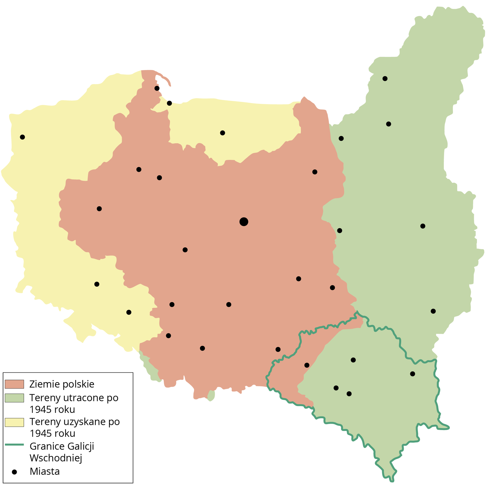 Mapa przedstawia Galicję Wschodnią. Ziemie polskie obejmowały wtedy wschodnią i środkową część obecnej Polski oraz Gdańsk. Tereny utracone po 1945 roku to tereny znajdujące się za całą wschodnią granicą współczesnej Polski. Tereny uzyskane po 1945 roku to Warmia i Mazury oraz zachodnia Polska. Granice Galicji Wschodniej obejmują południowo wschodnią część współczesnej Polski oraz tereny leżące za jej południowo wschodnią granicą.