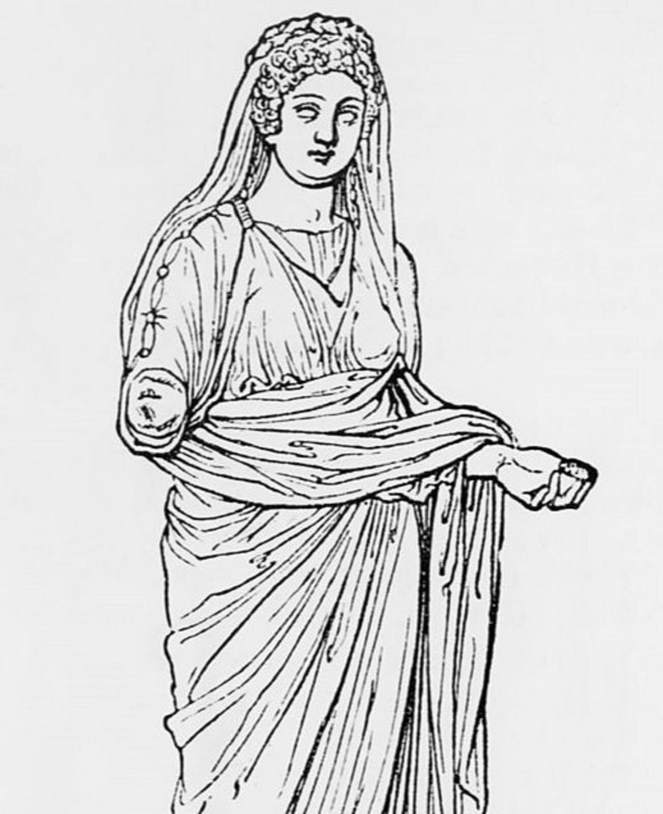 Czarno-biała ilustracja przedstawia młodą kobietę ubraną w rzymską stołę (długą szatę sięgającą do kostek). Kobieta ma krótkie włosy schowane pod welonem i spogląda się na widza. 