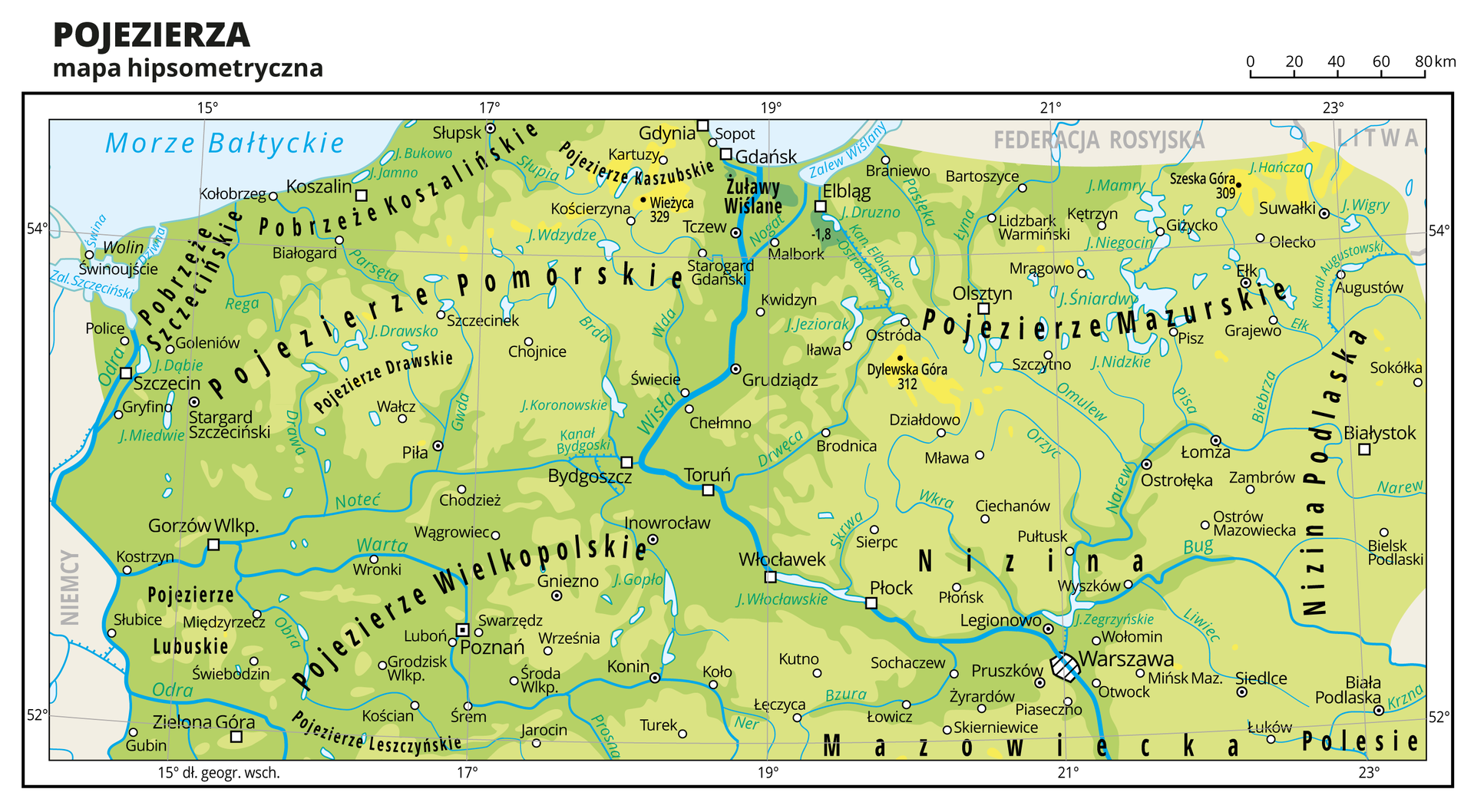 Ilustracja przedstawia mapę fragmentu Polski: mapę hipsometryczną pojezierzy. Na mapie dominuje kolor zielony. Oznaczono i opisano miasta, rzeki, jeziora i szczyty. Opisano niziny, pobrzeża i pojezierza, morze, zalewy i wyspy. Opisano państwa sąsiadujące z Polską. Dookoła mapy w białej ramce opisano współrzędne geograficzne co dwa stopnie.